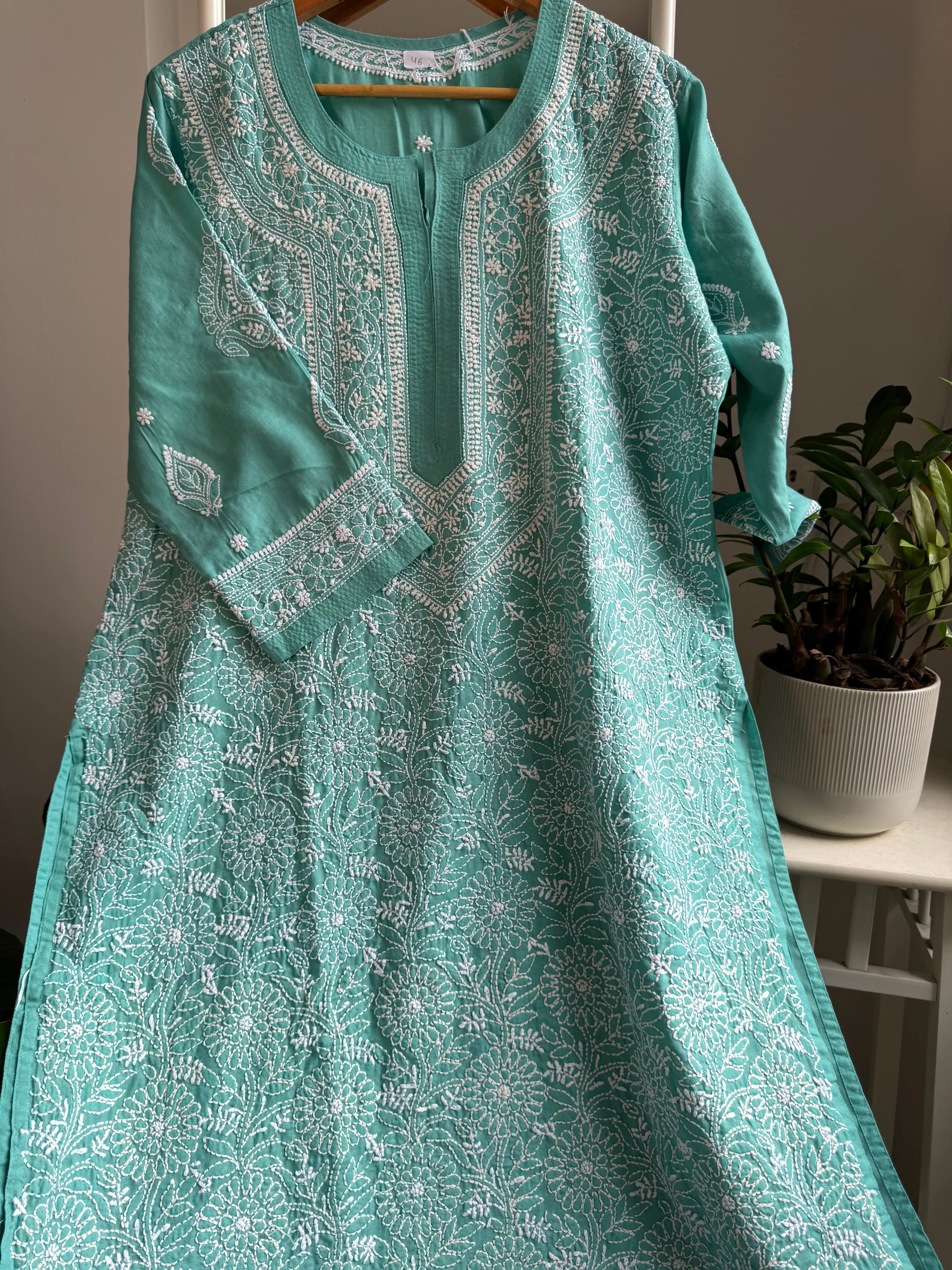 Cotton Chikankari Kurti - turquoise Green -white thread work ARIAA CHIKANKARI 