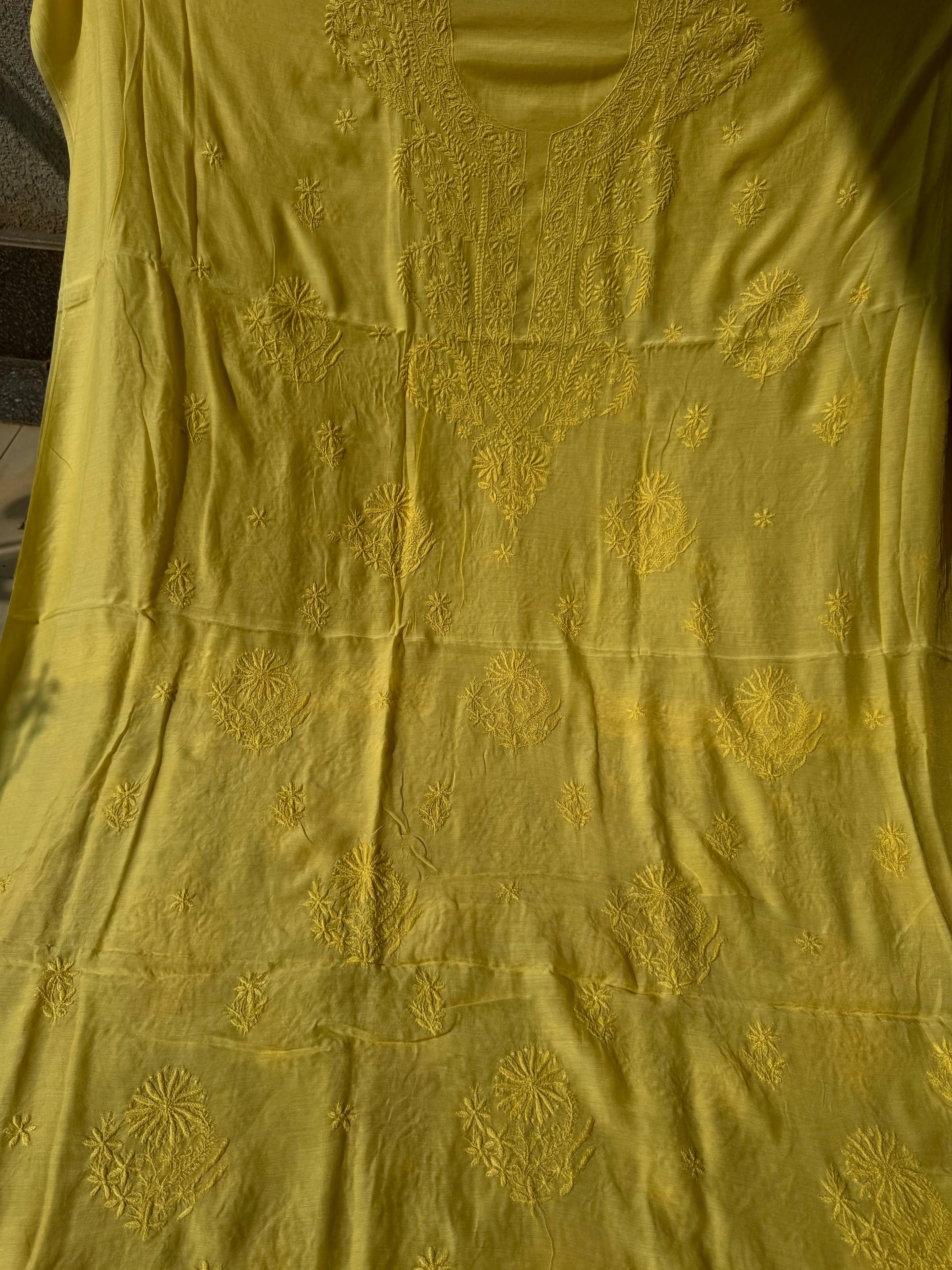 Pure Muslin kurti Length unstitched - Yellow ARIAA CHIKANKARI 