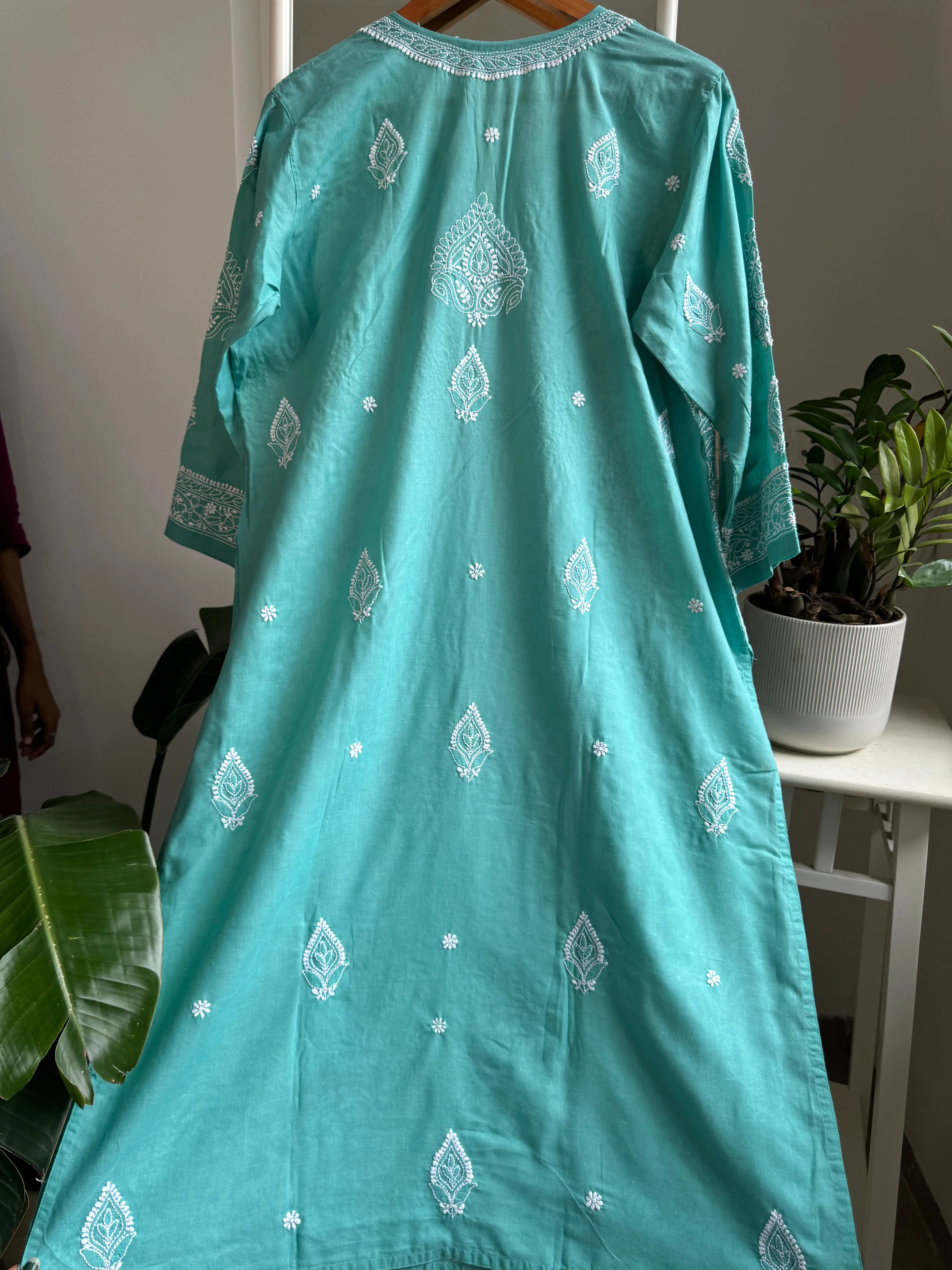 Cotton Chikankari Kurti - turquoise Green -white thread work ARIAA CHIKANKARI 