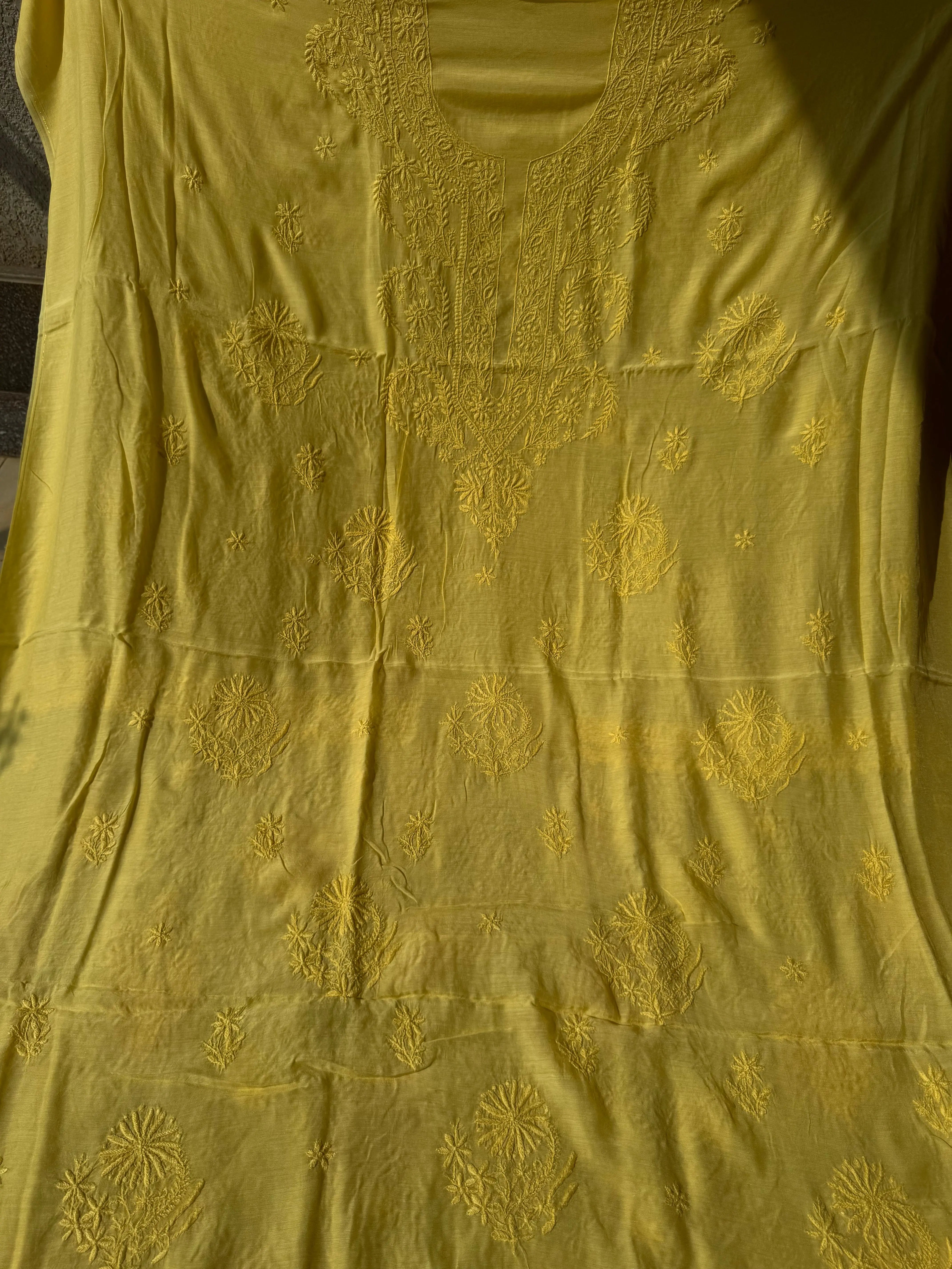 Pure Muslin kurti Length unstitched - Yellow ARIAA CHIKANKARI 