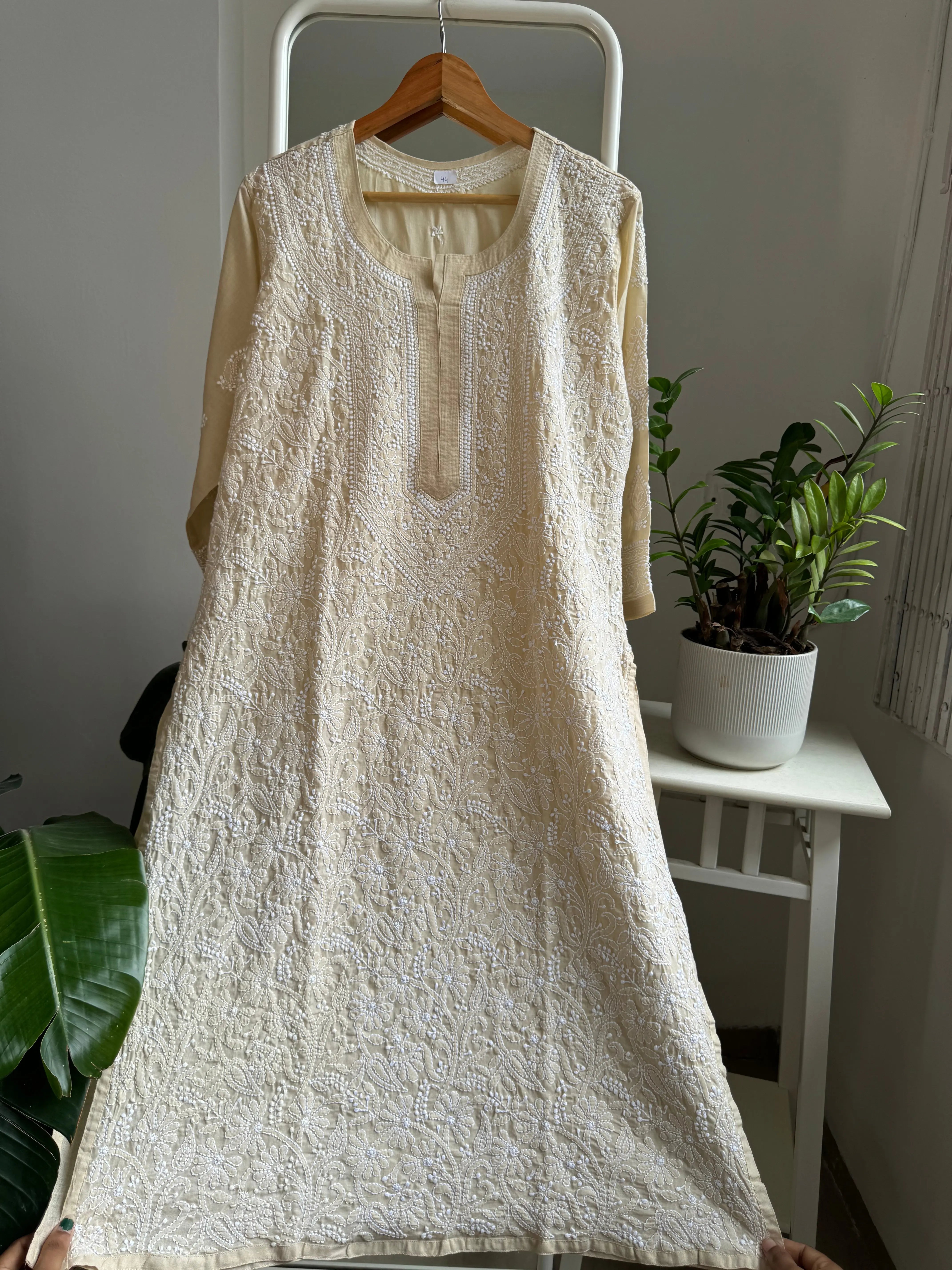 Cotton Chikankari Kurti - Beige -white thread work ARIAA CHIKANKARI 