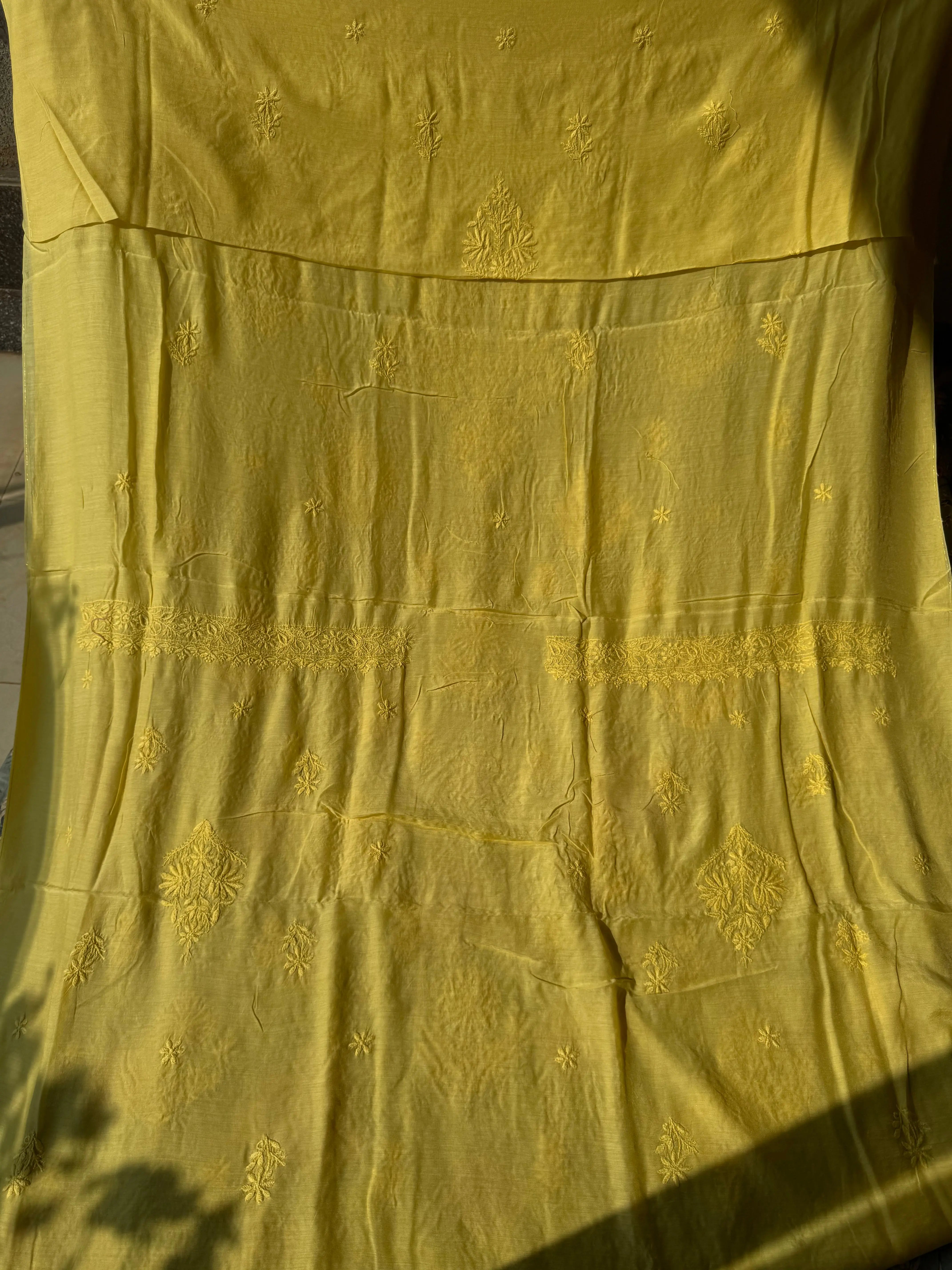 Pure Muslin kurti Length unstitched - Yellow ARIAA CHIKANKARI 