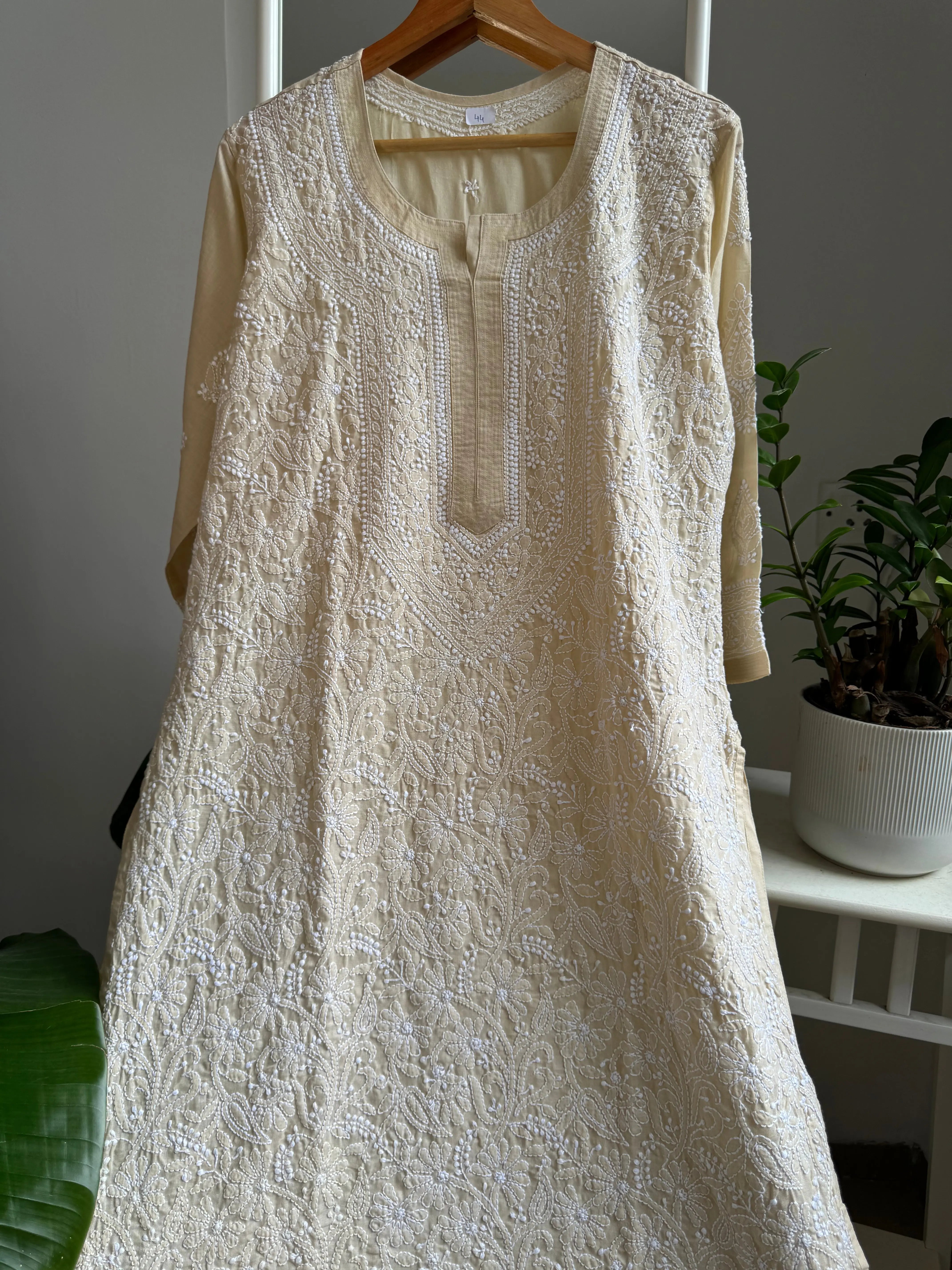 Cotton Chikankari Kurti - Beige -white thread work ARIAA CHIKANKARI 