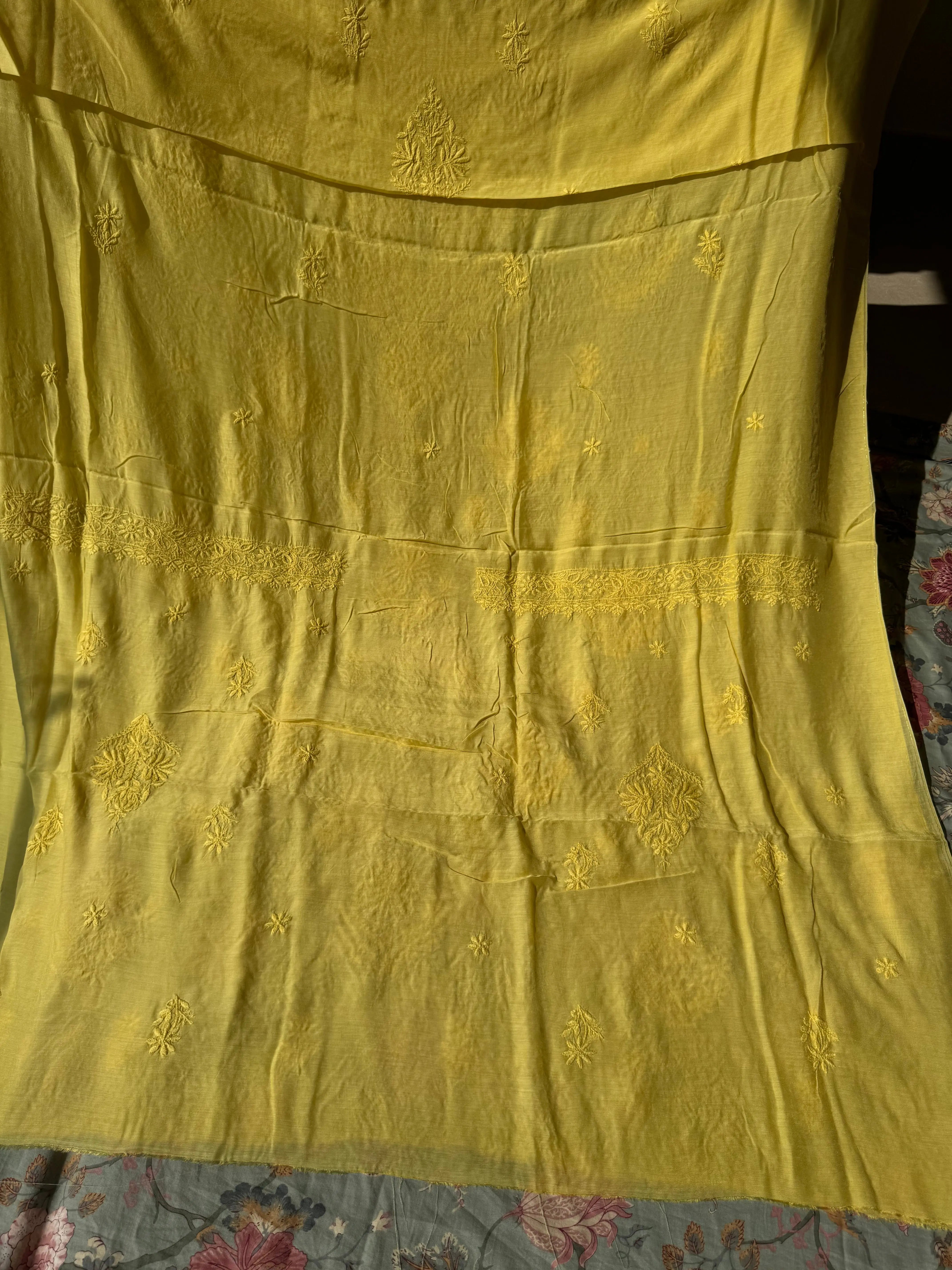 Pure Muslin kurti Length unstitched - Yellow ARIAA CHIKANKARI 