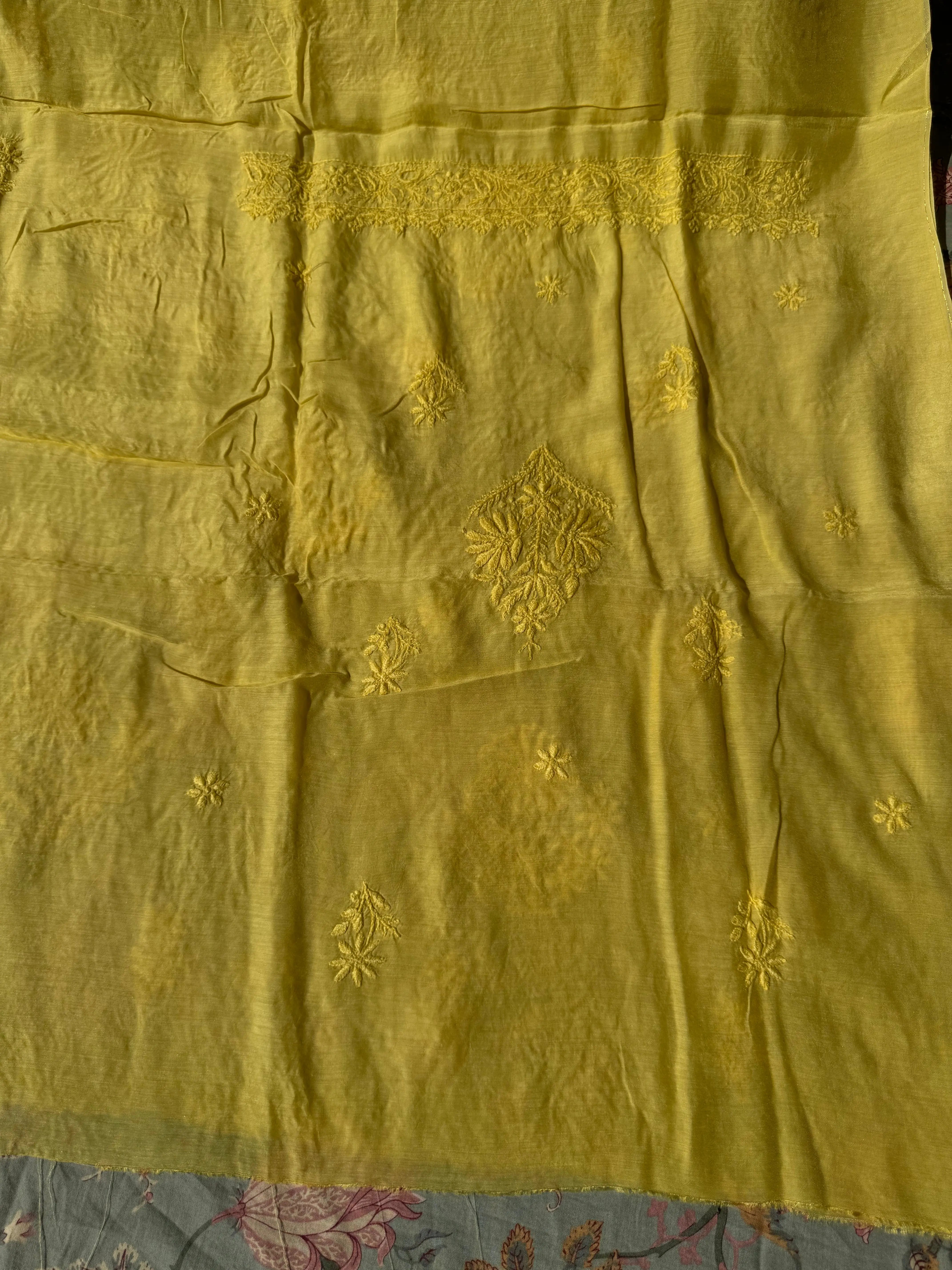 Pure Muslin kurti Length unstitched - Yellow ARIAA CHIKANKARI 