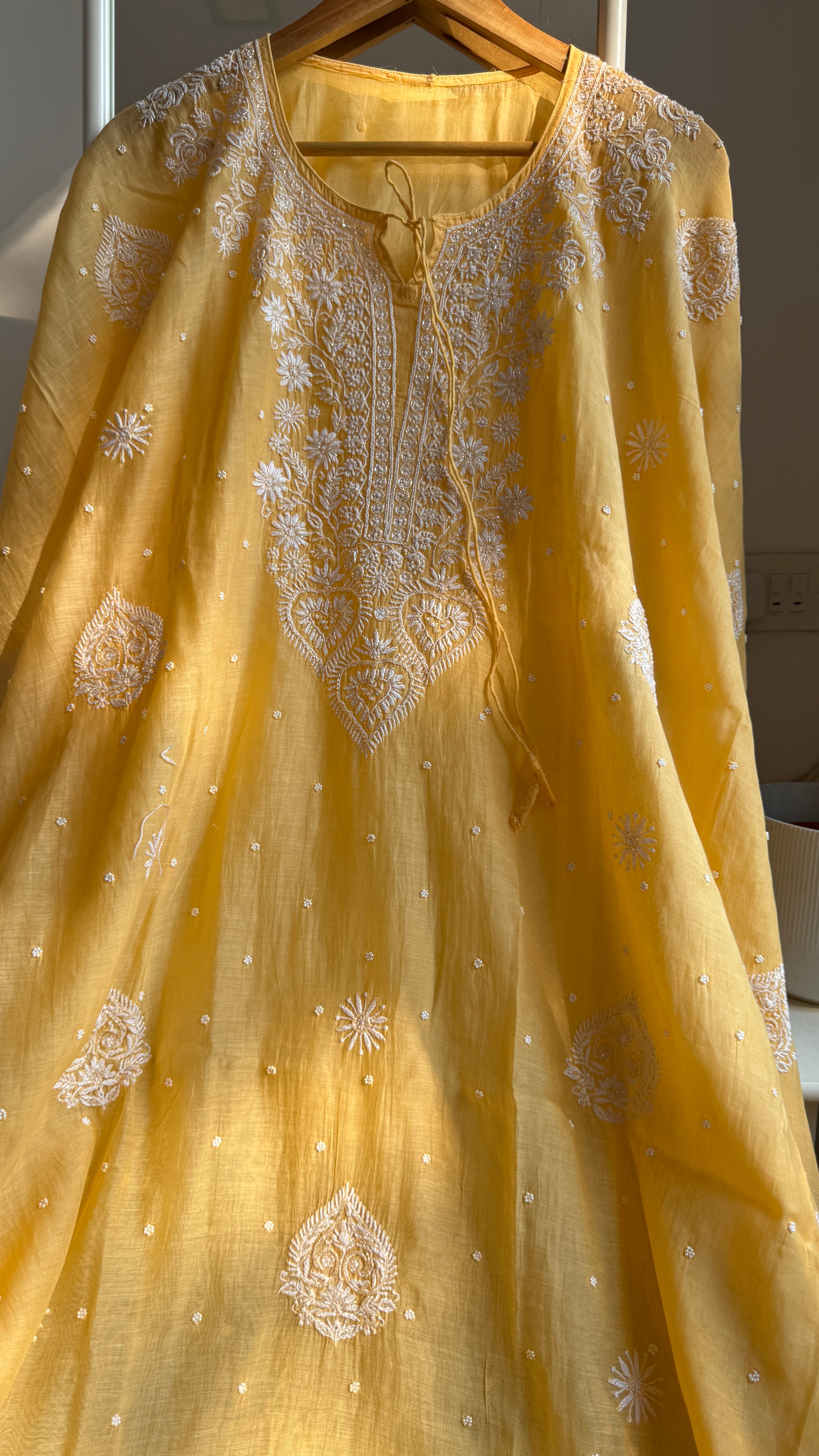 Mul Chanderi Chikankari Kaftan - Yellow