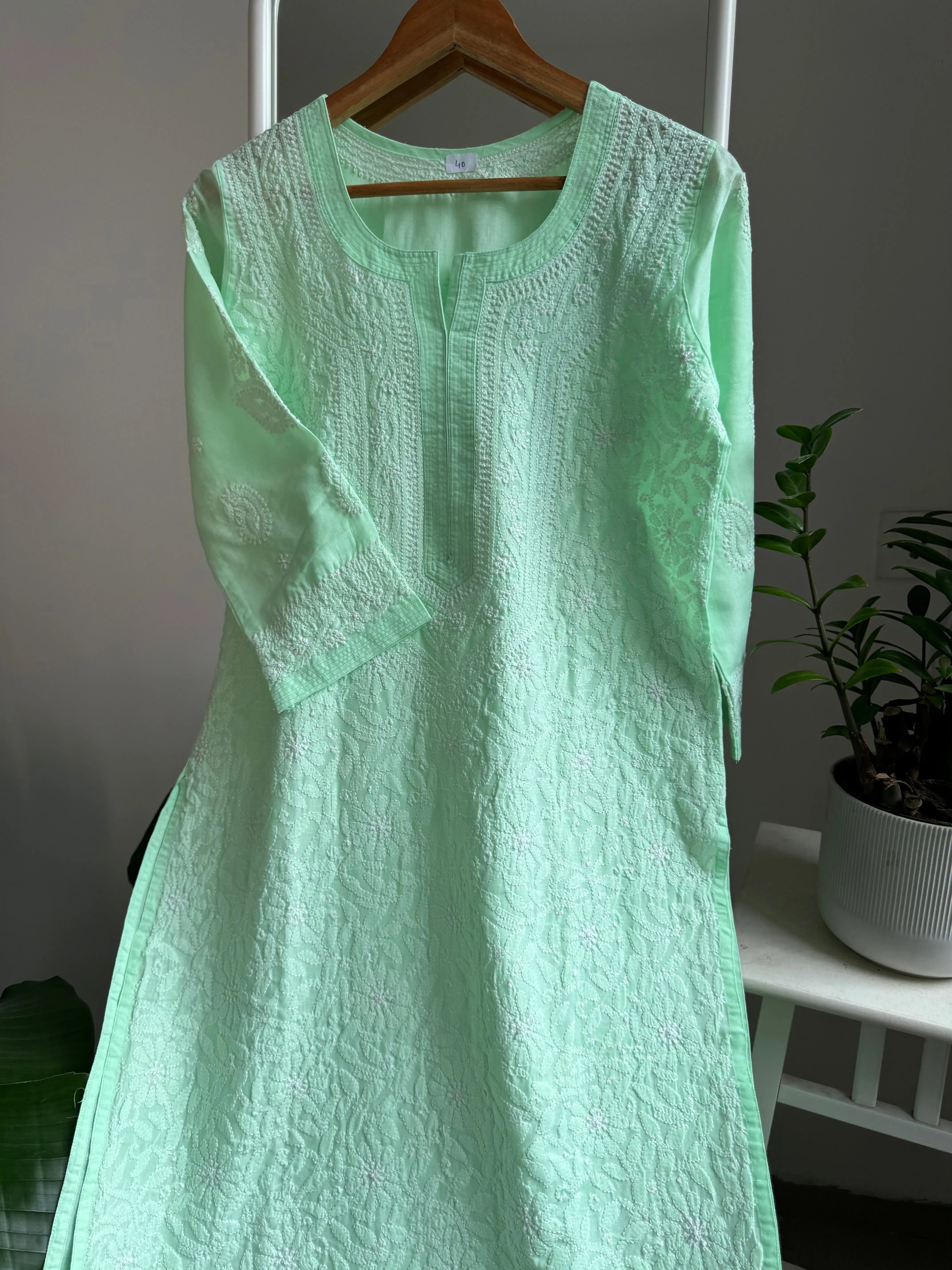 Cotton Chikankari Kurti - Green -white thread work ARIAA CHIKANKARI 