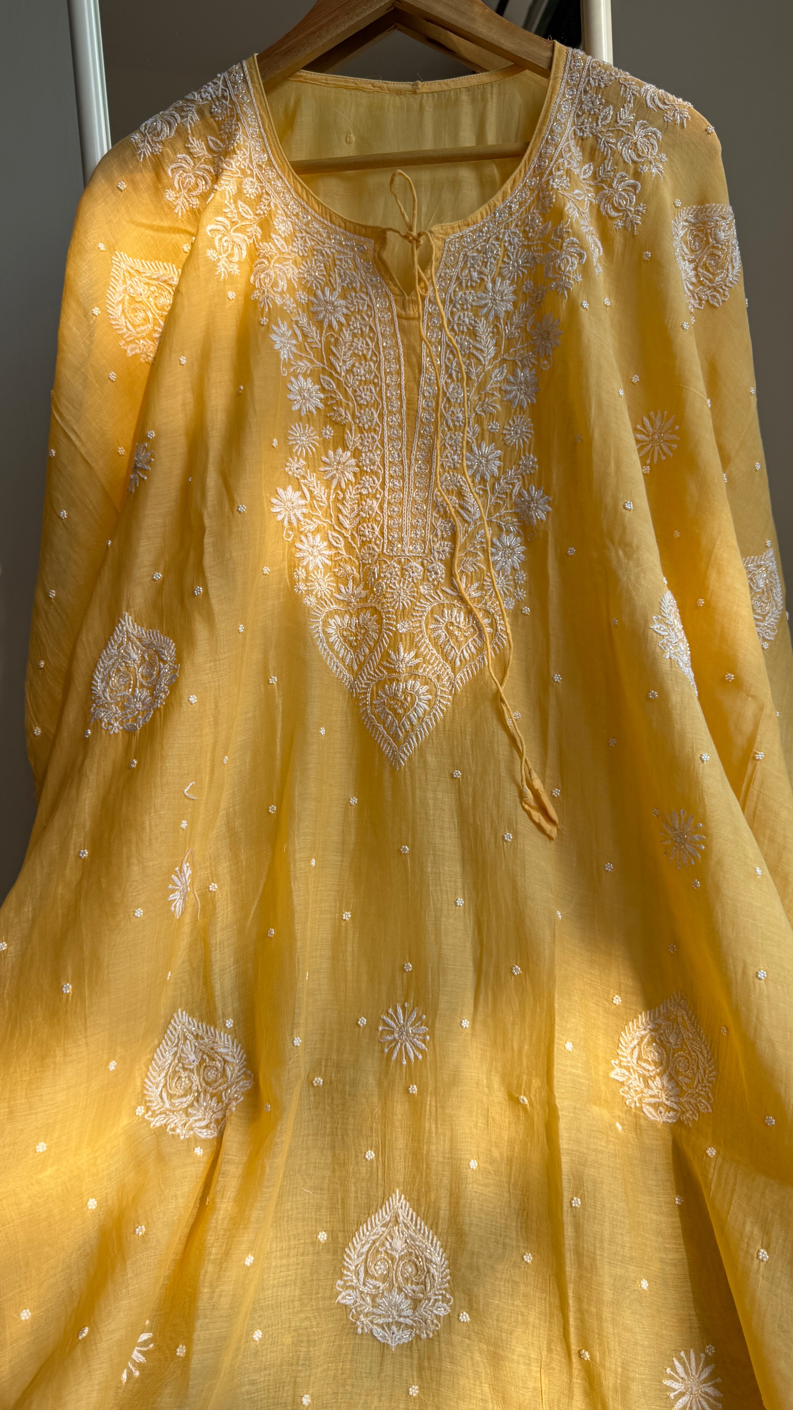 Mul Chanderi Chikankari Kaftan - Yellow