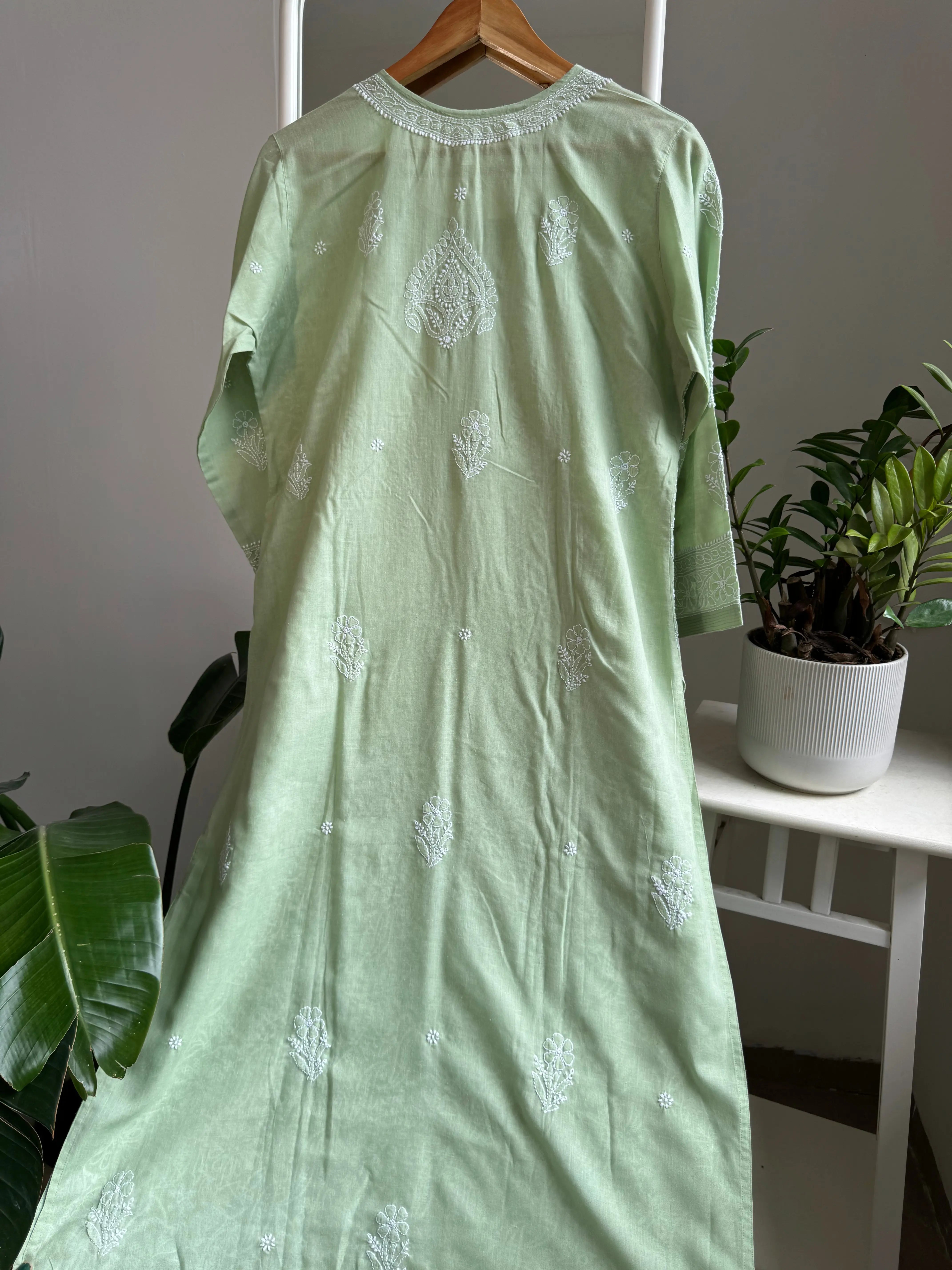 Cotton Chikankari Kurti - Green -white thread work ARIAA CHIKANKARI 