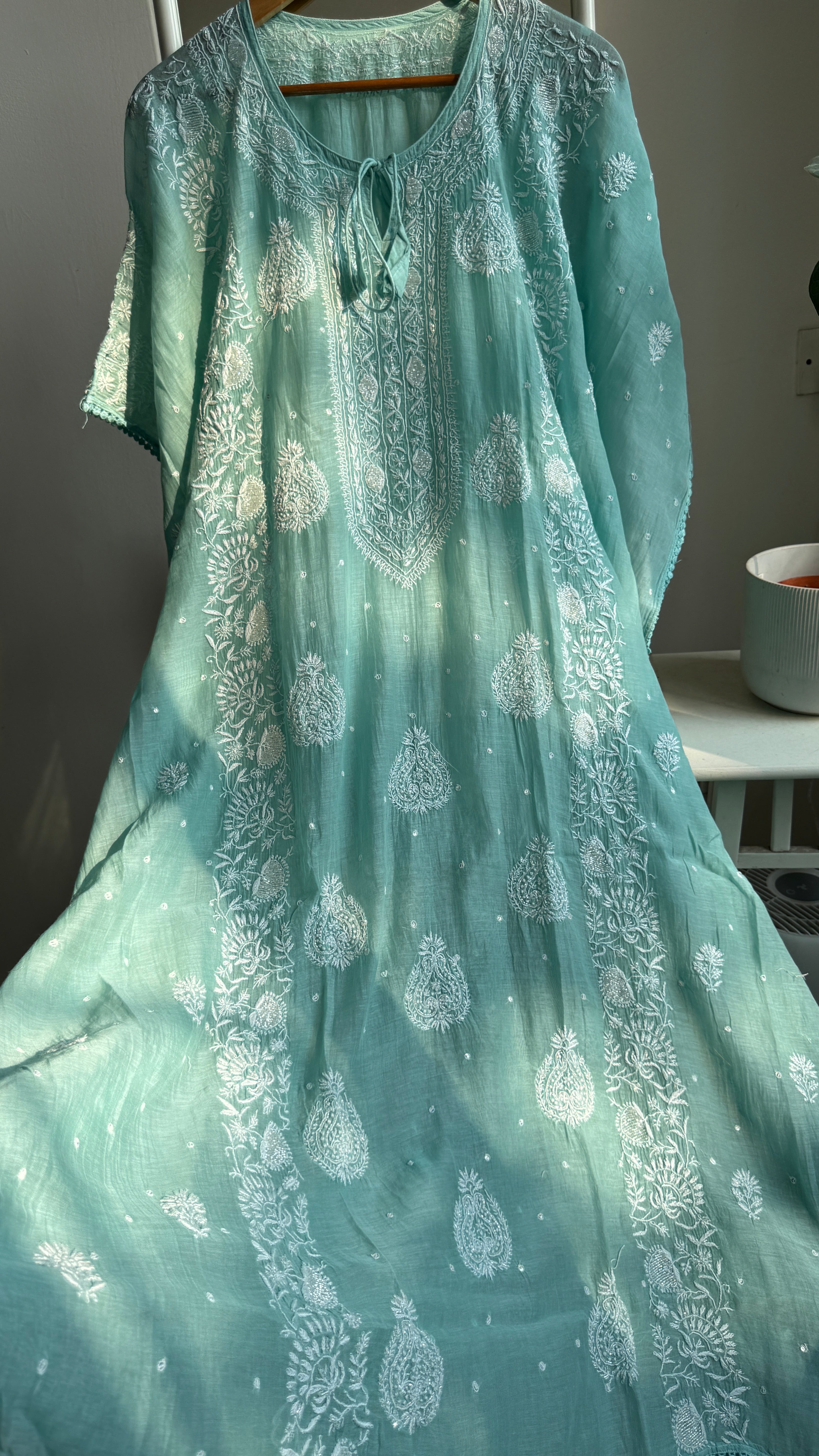 Mul Chanderi Chikankari Kaftan - Green