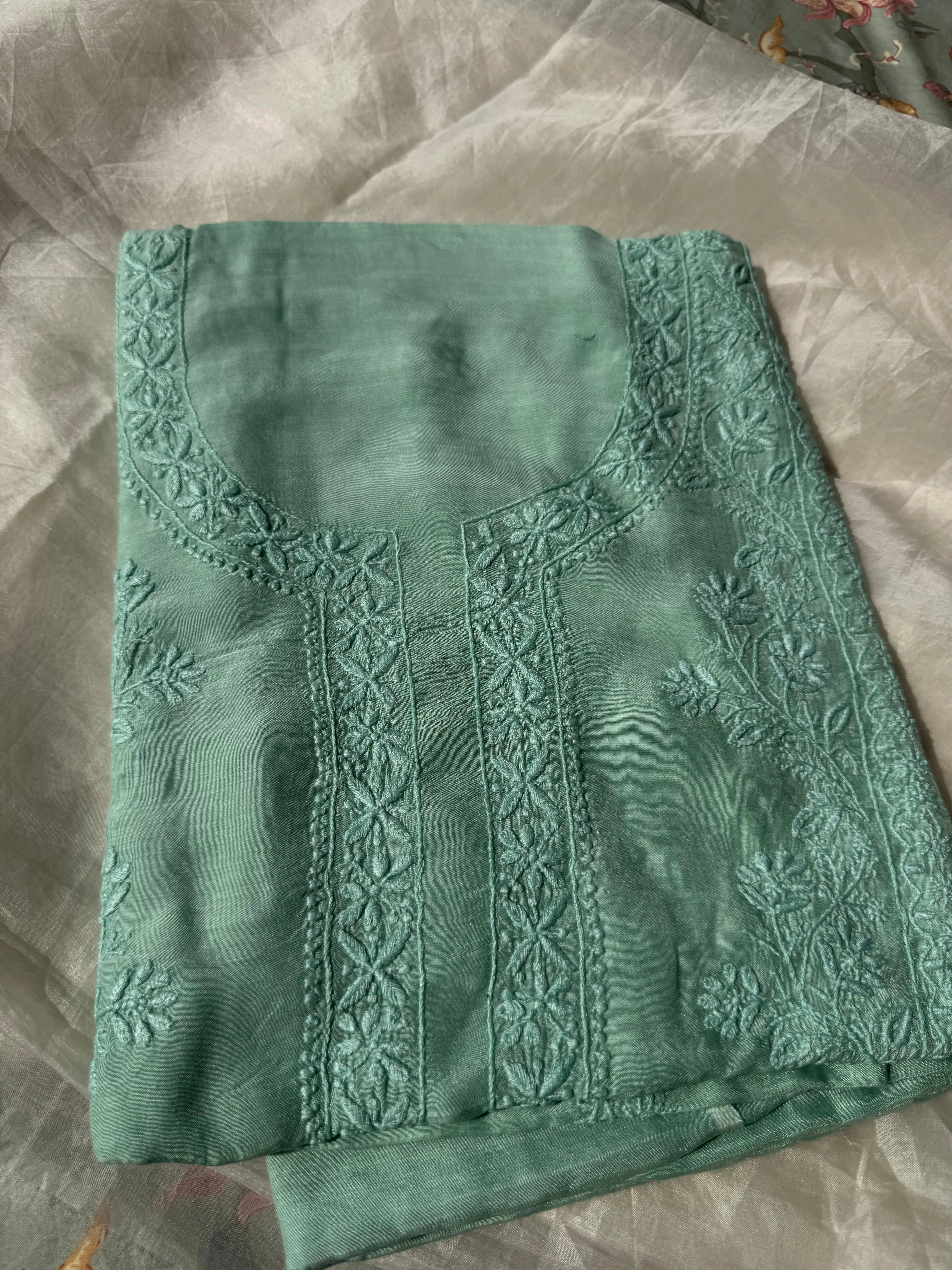 Pure Muslin kurti Length unstitched - Green ARIAA CHIKANKARI 