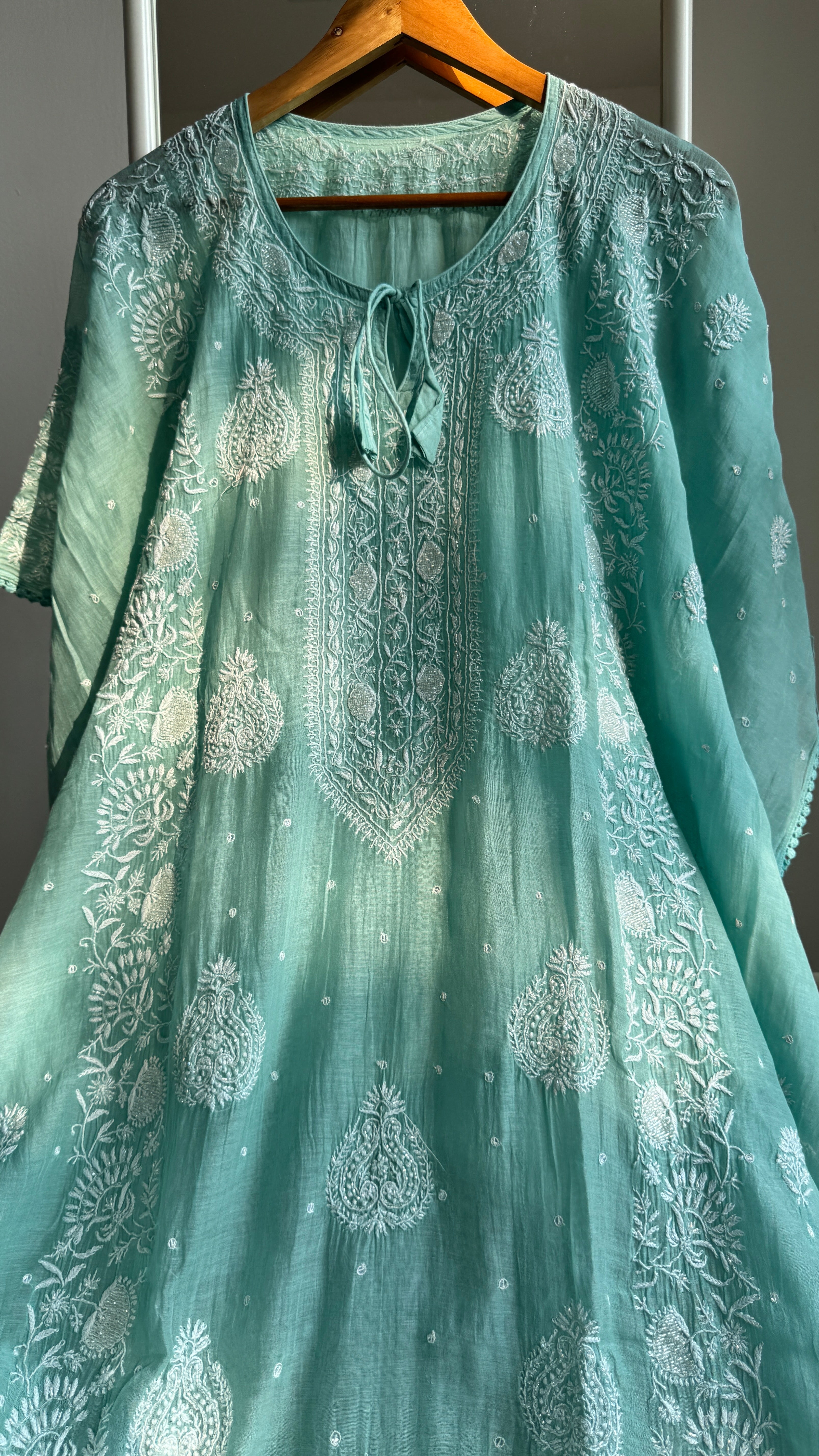 Mul Chanderi Chikankari Kaftan - Green