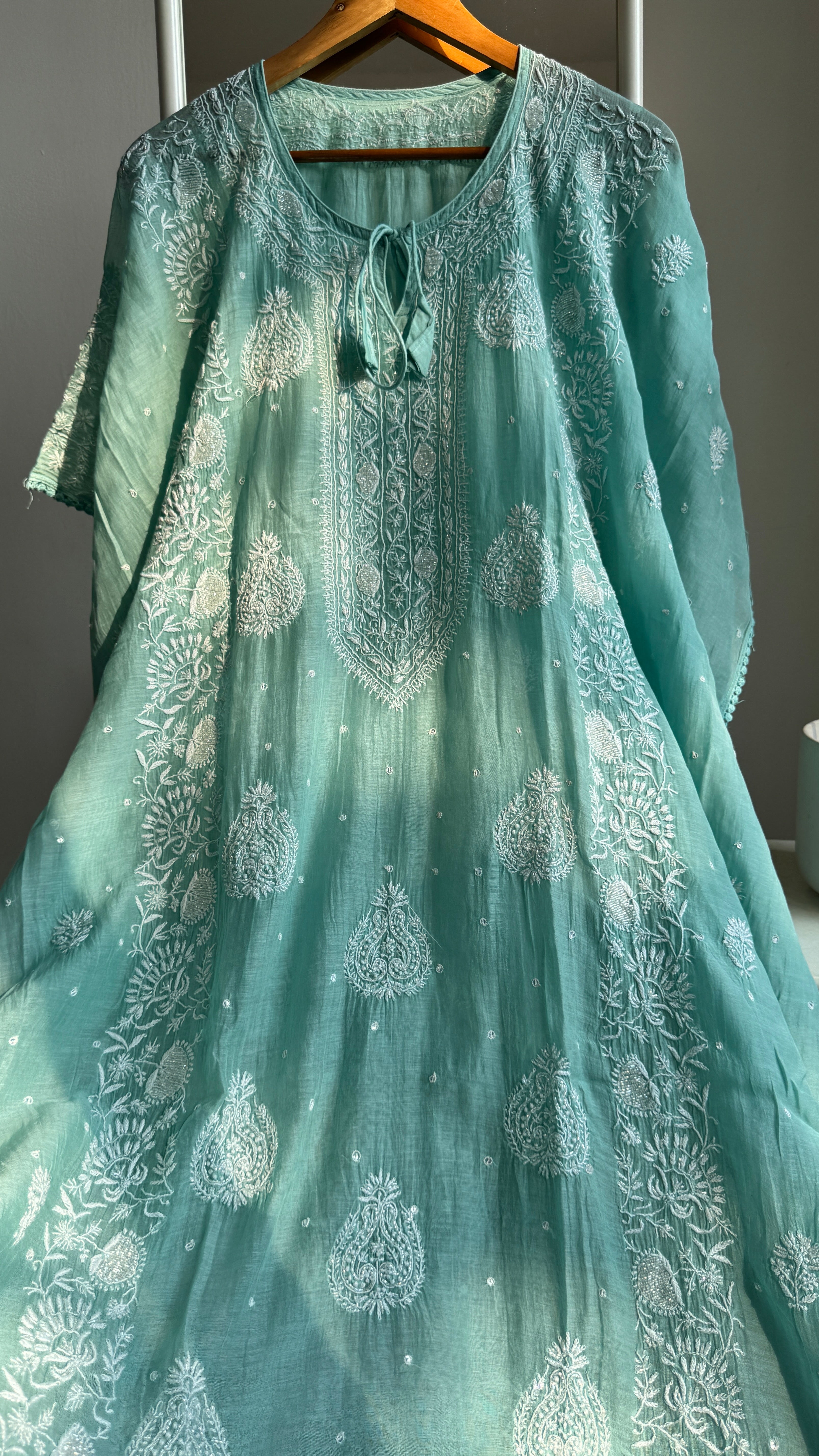 Mul Chanderi Chikankari Kaftan - Green