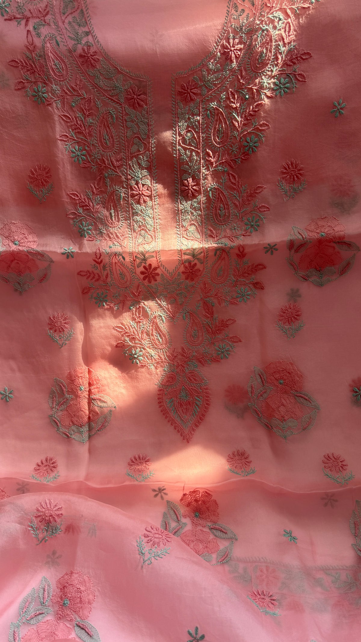 Pure Organza Lucknow Chikankari Unstitched Suit Set - pink
