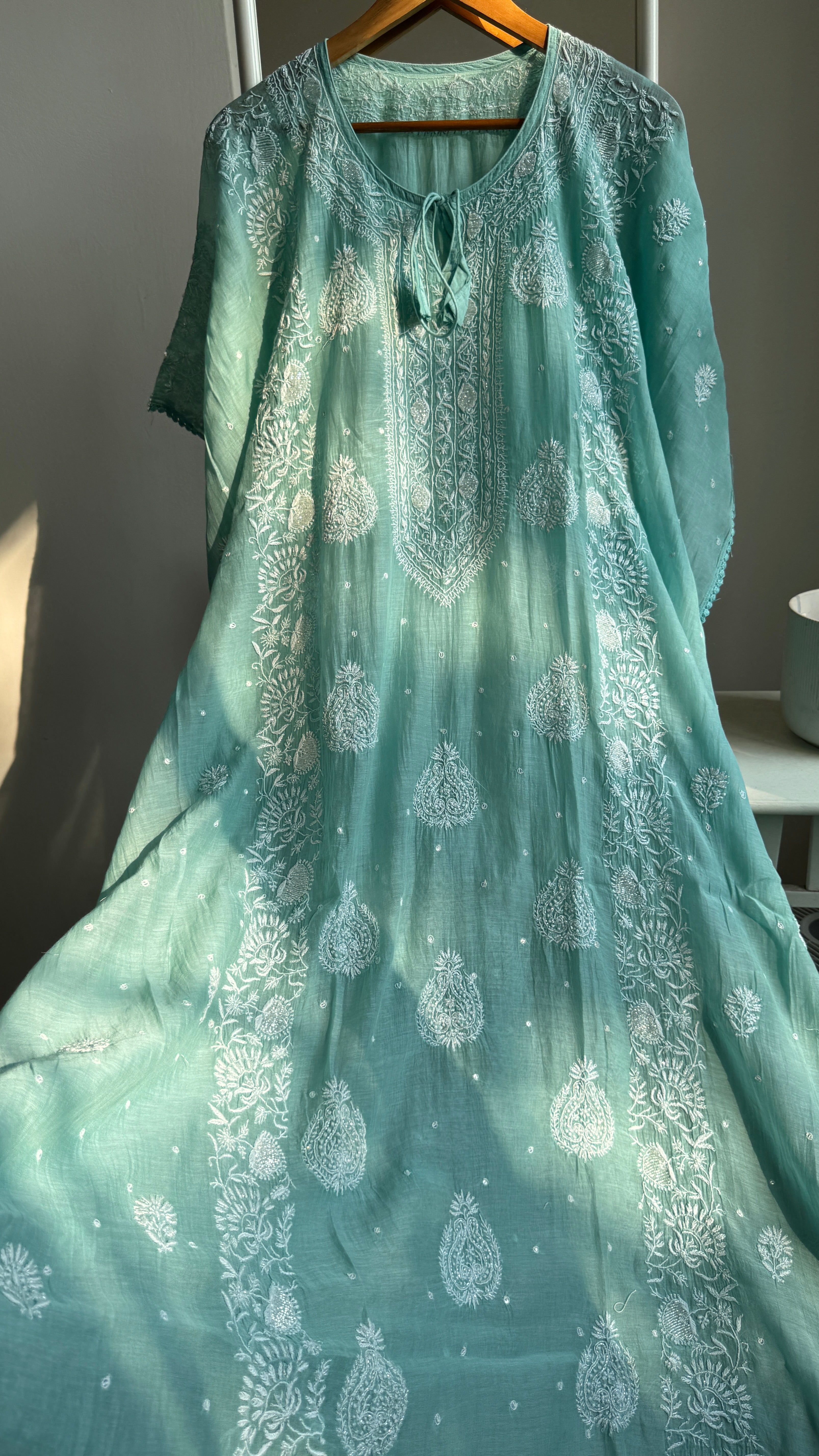 Mul Chanderi Chikankari Kaftan - Green