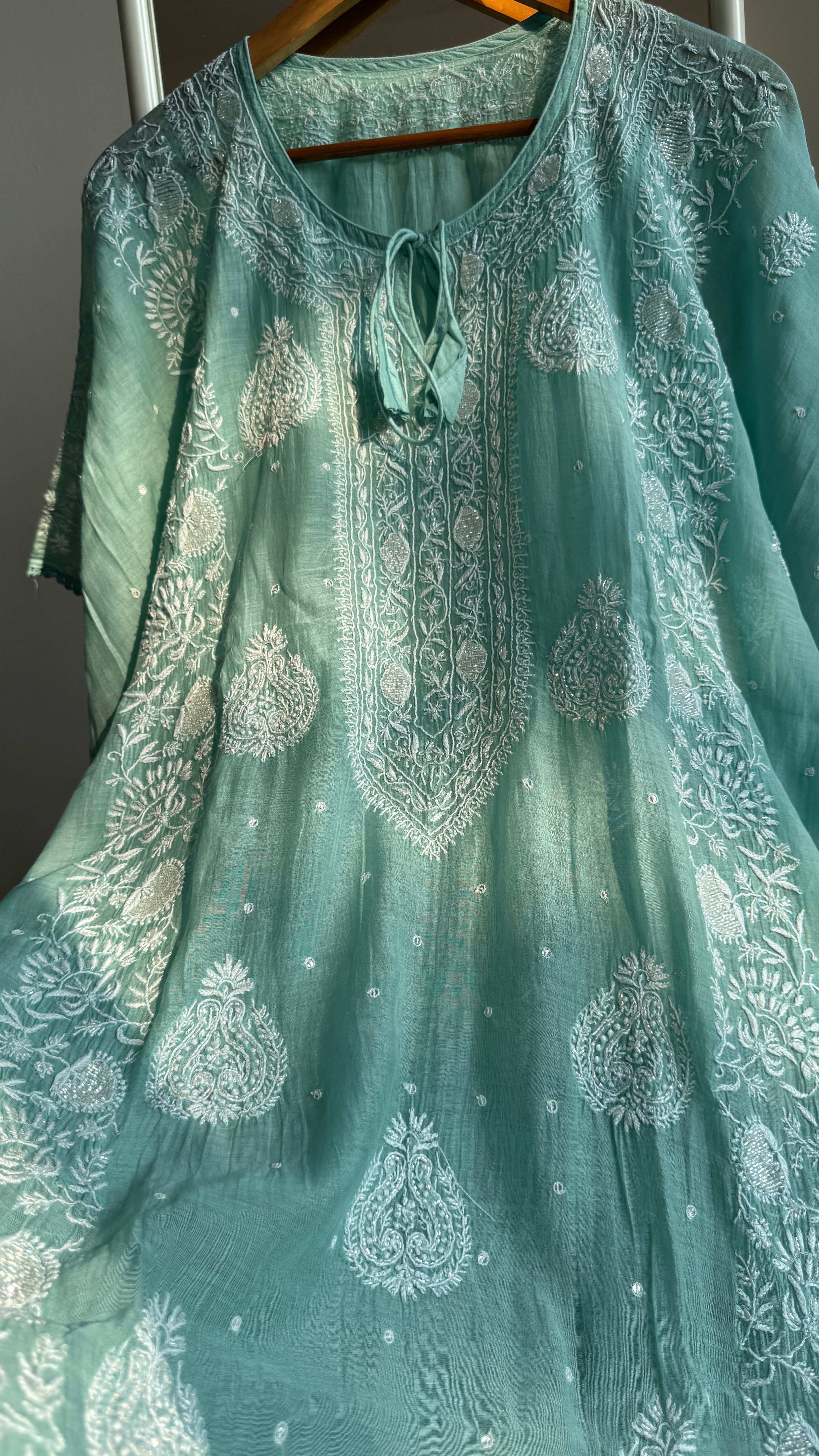 Mul Chanderi Chikankari Kaftan - Green