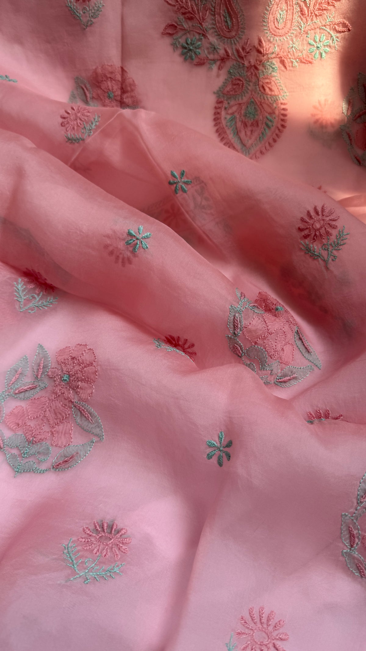 Pure Organza Lucknow Chikankari Unstitched Suit Set - pink