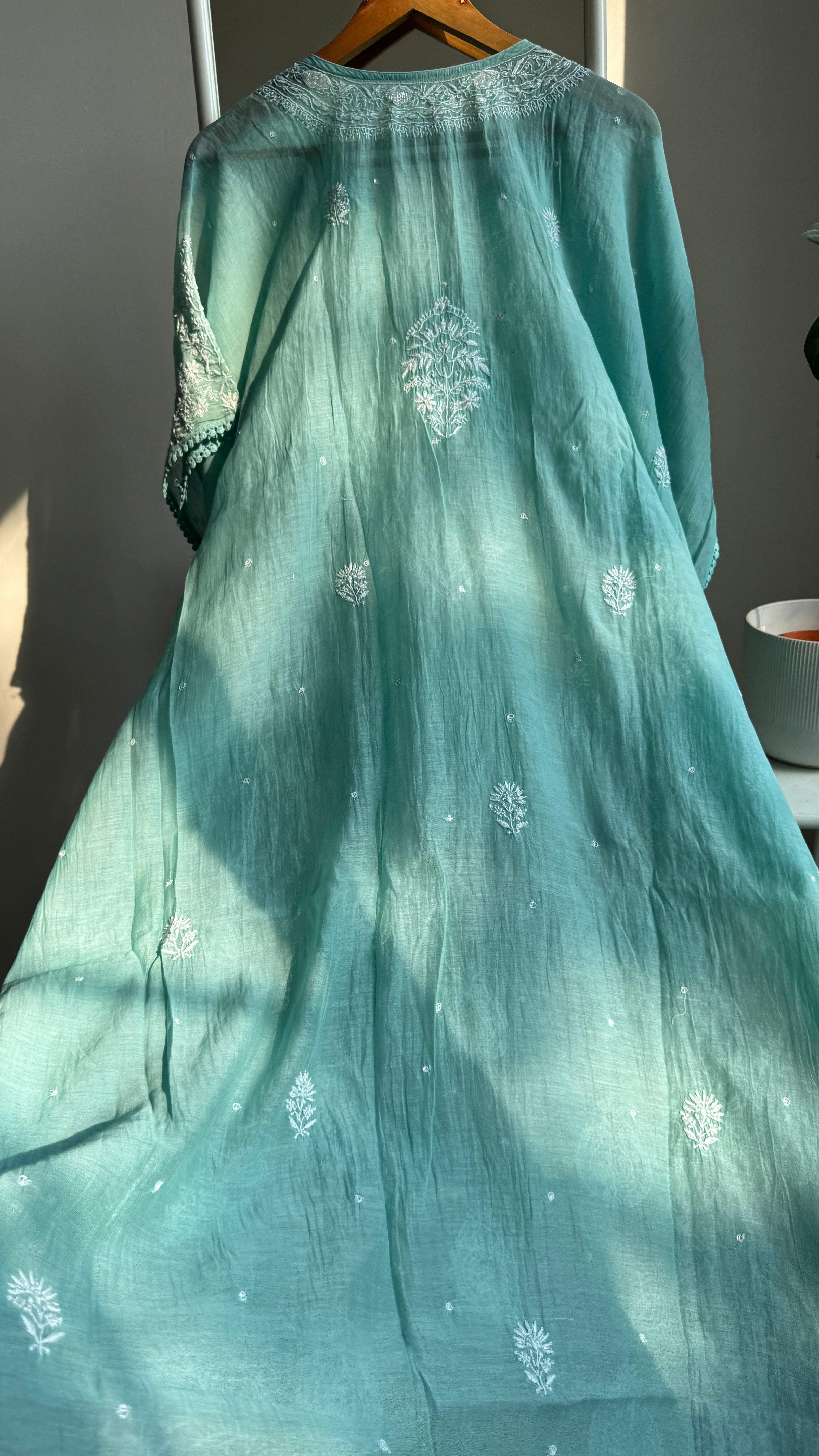 Mul Chanderi Chikankari Kaftan - Green