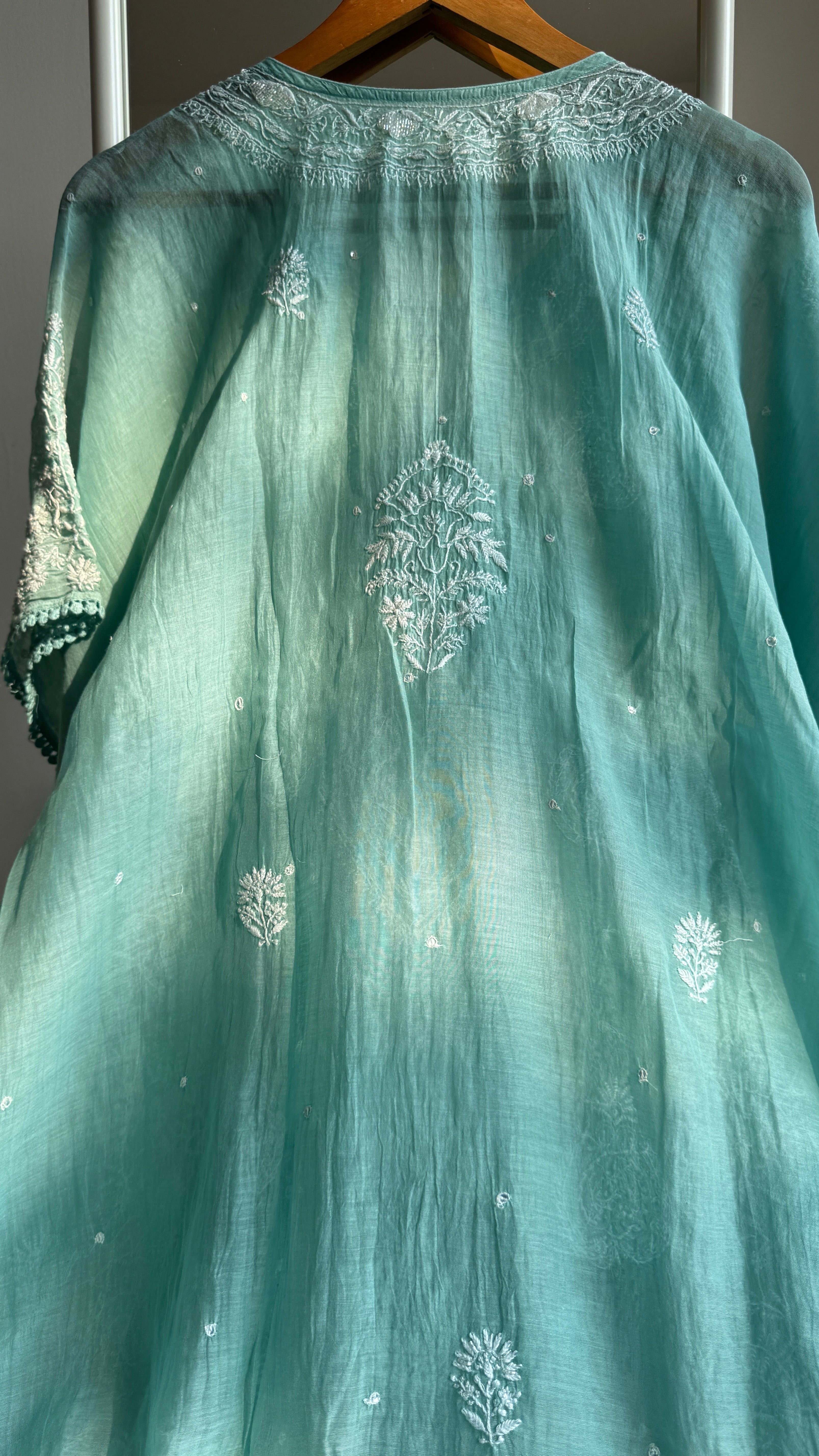Mul Chanderi Chikankari Kaftan - Green