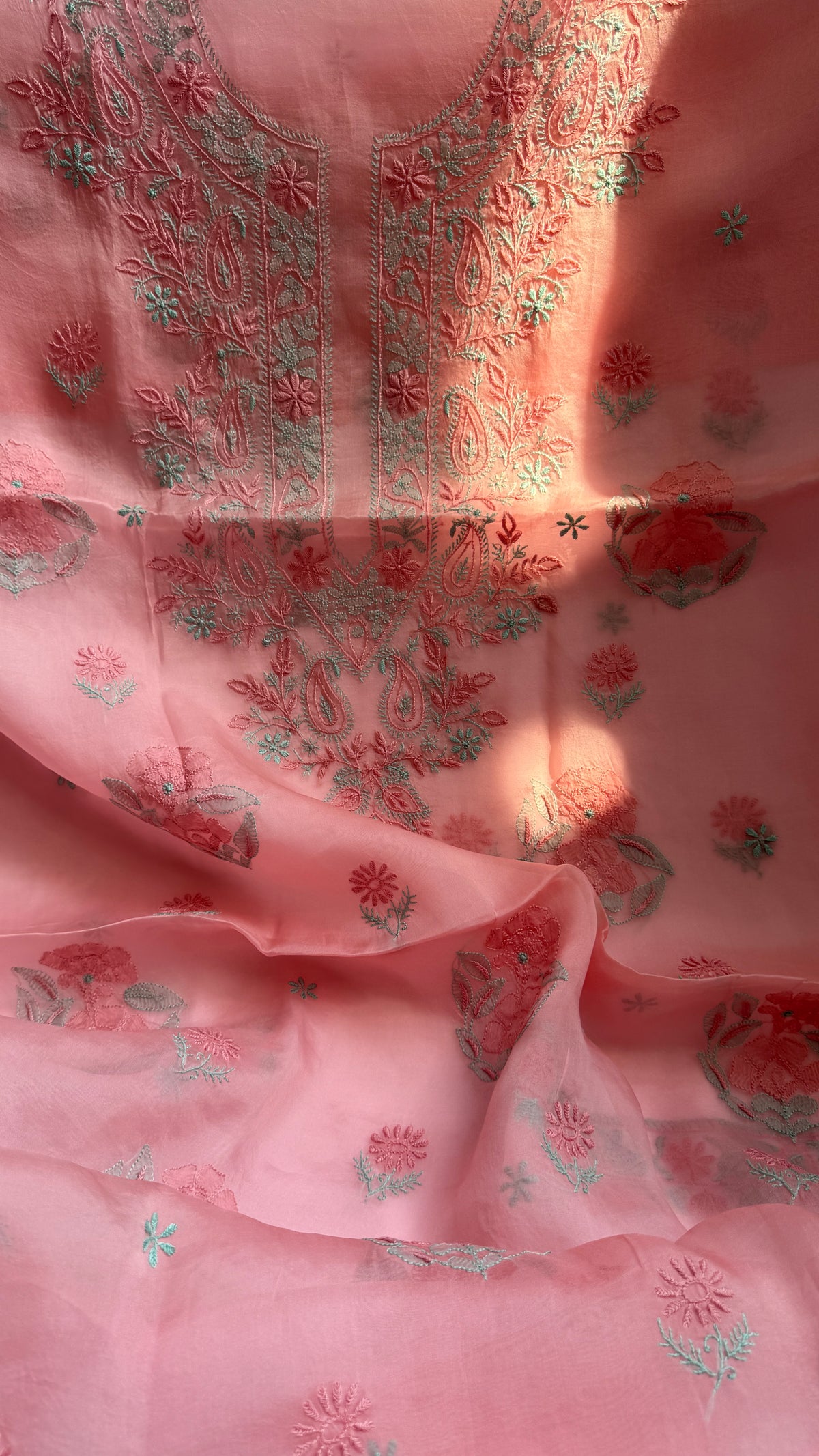 Pure Organza Lucknow Chikankari Unstitched Suit Set - pink