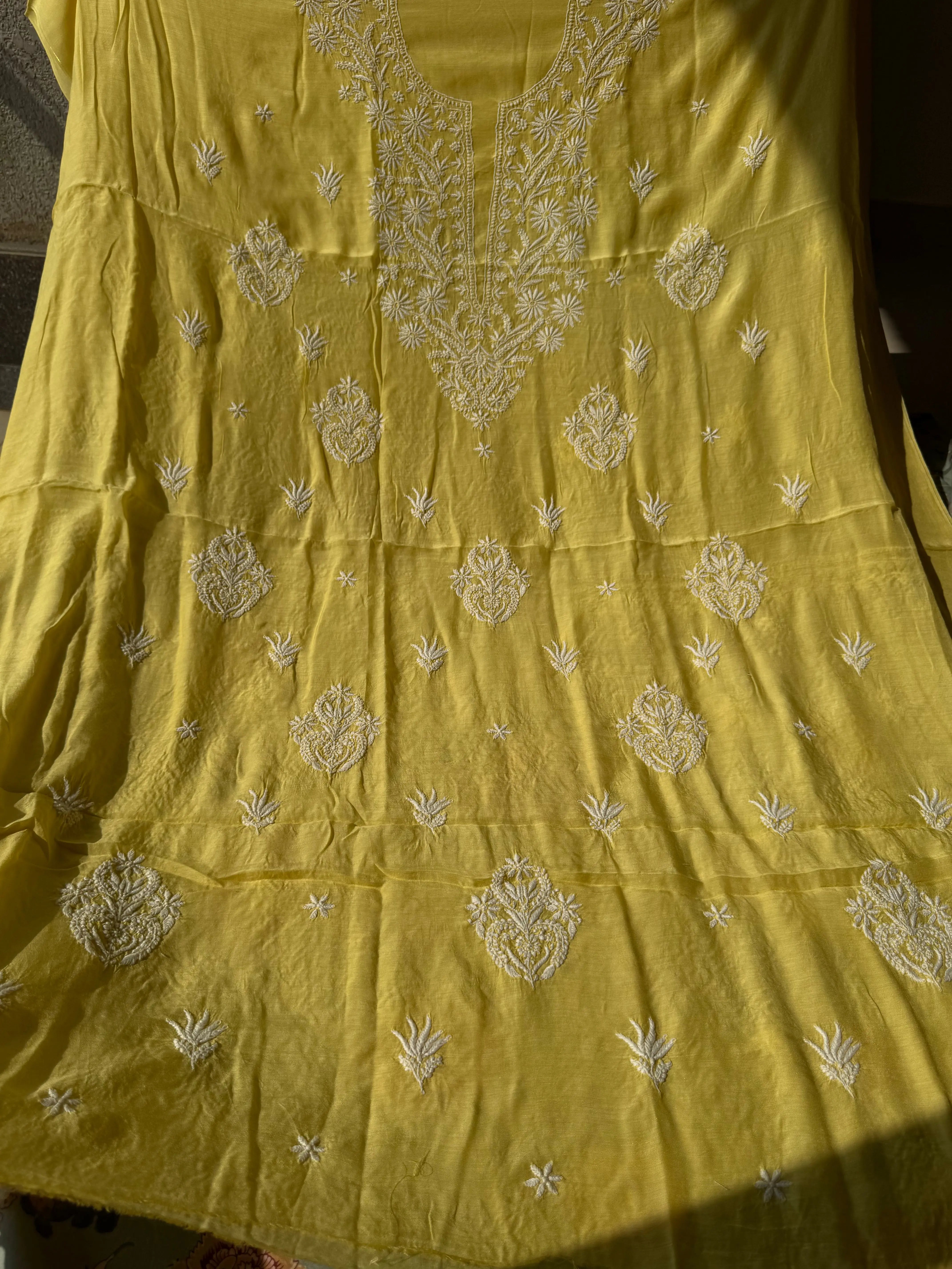 Pure Muslin kurti Length unstitched - Yellow ARIAA CHIKANKARI 