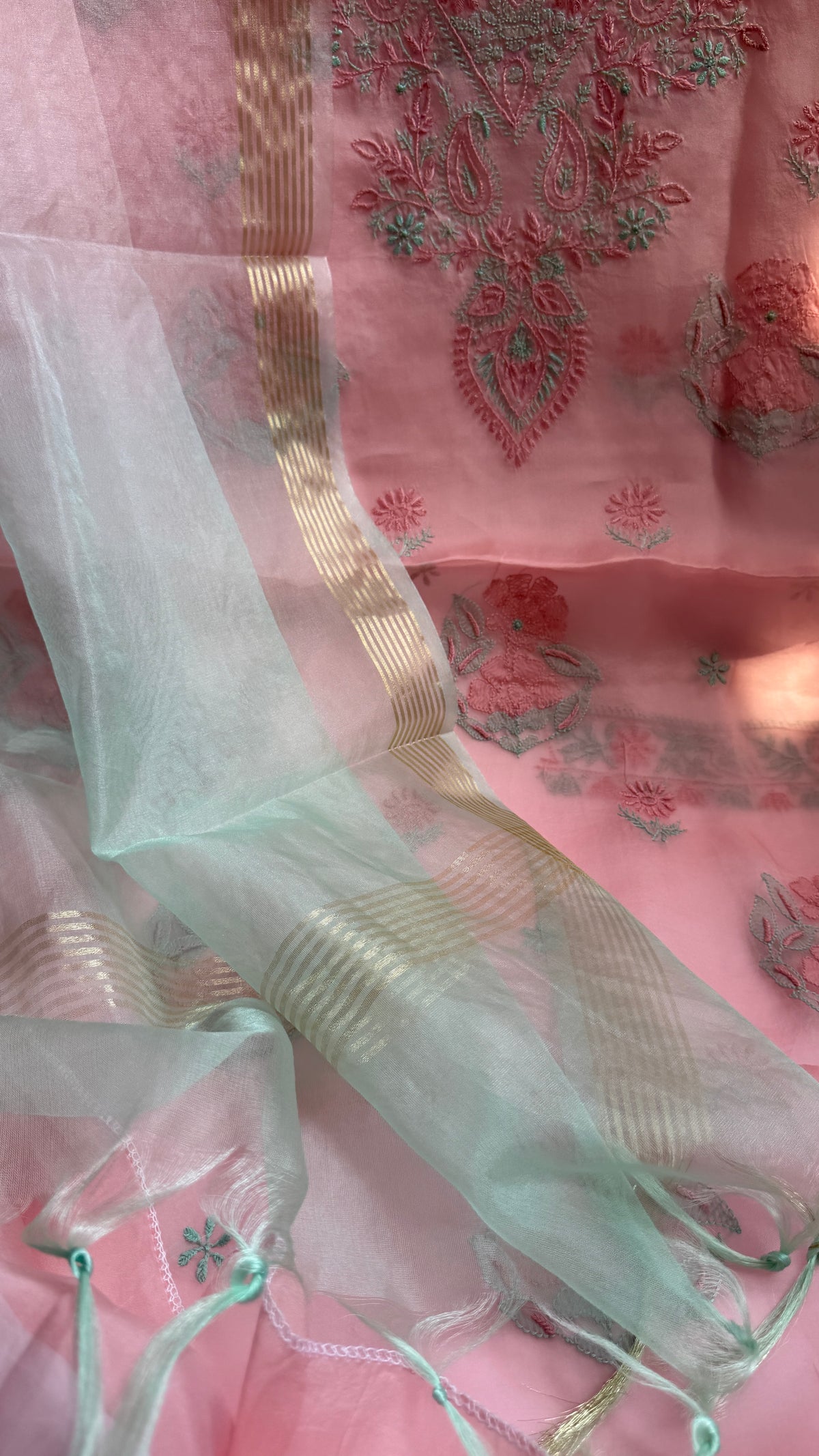 Pure Organza Lucknow Chikankari Unstitched Suit Set - pink