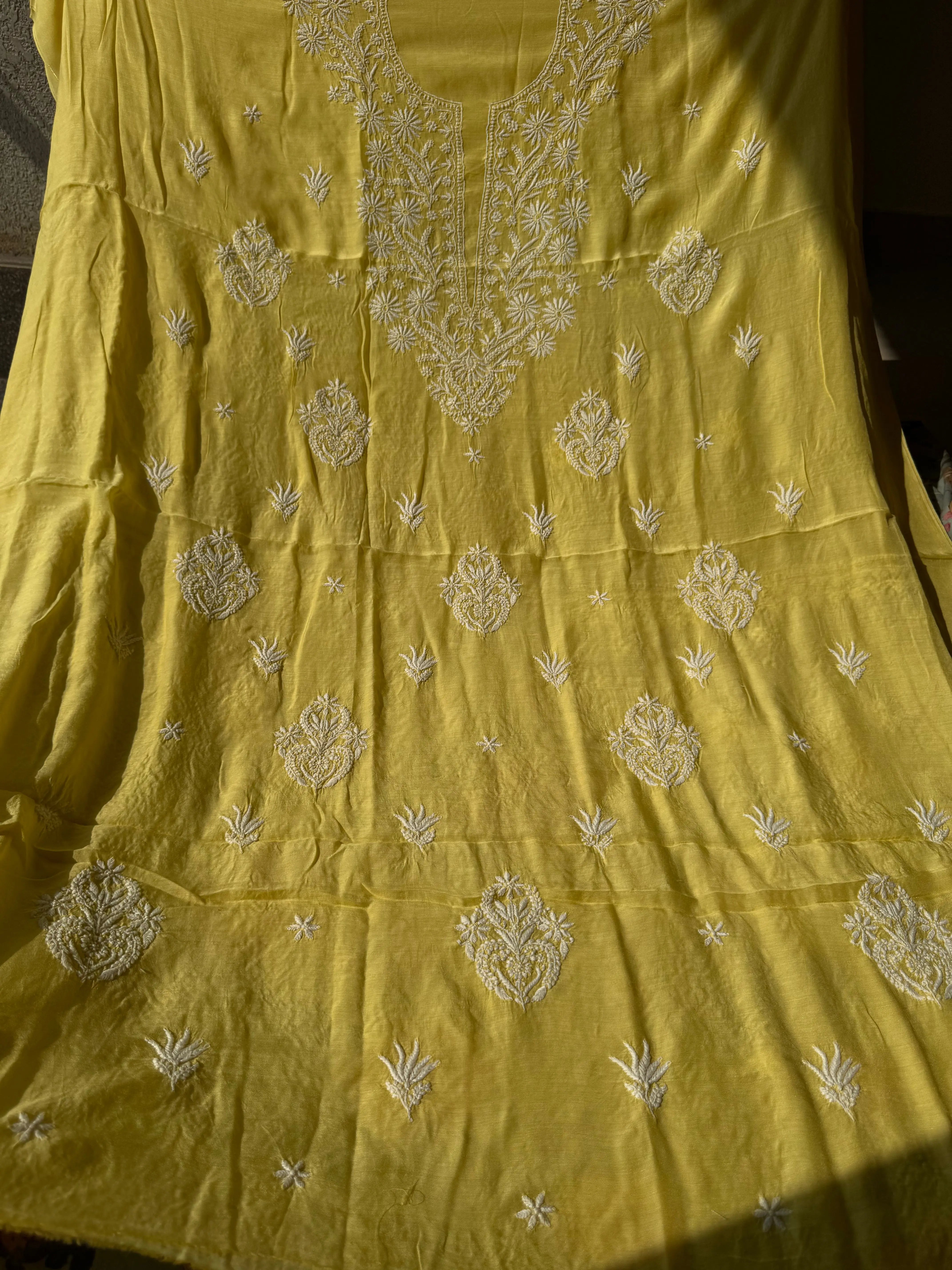 Pure Muslin kurti Length unstitched - Yellow ARIAA CHIKANKARI 