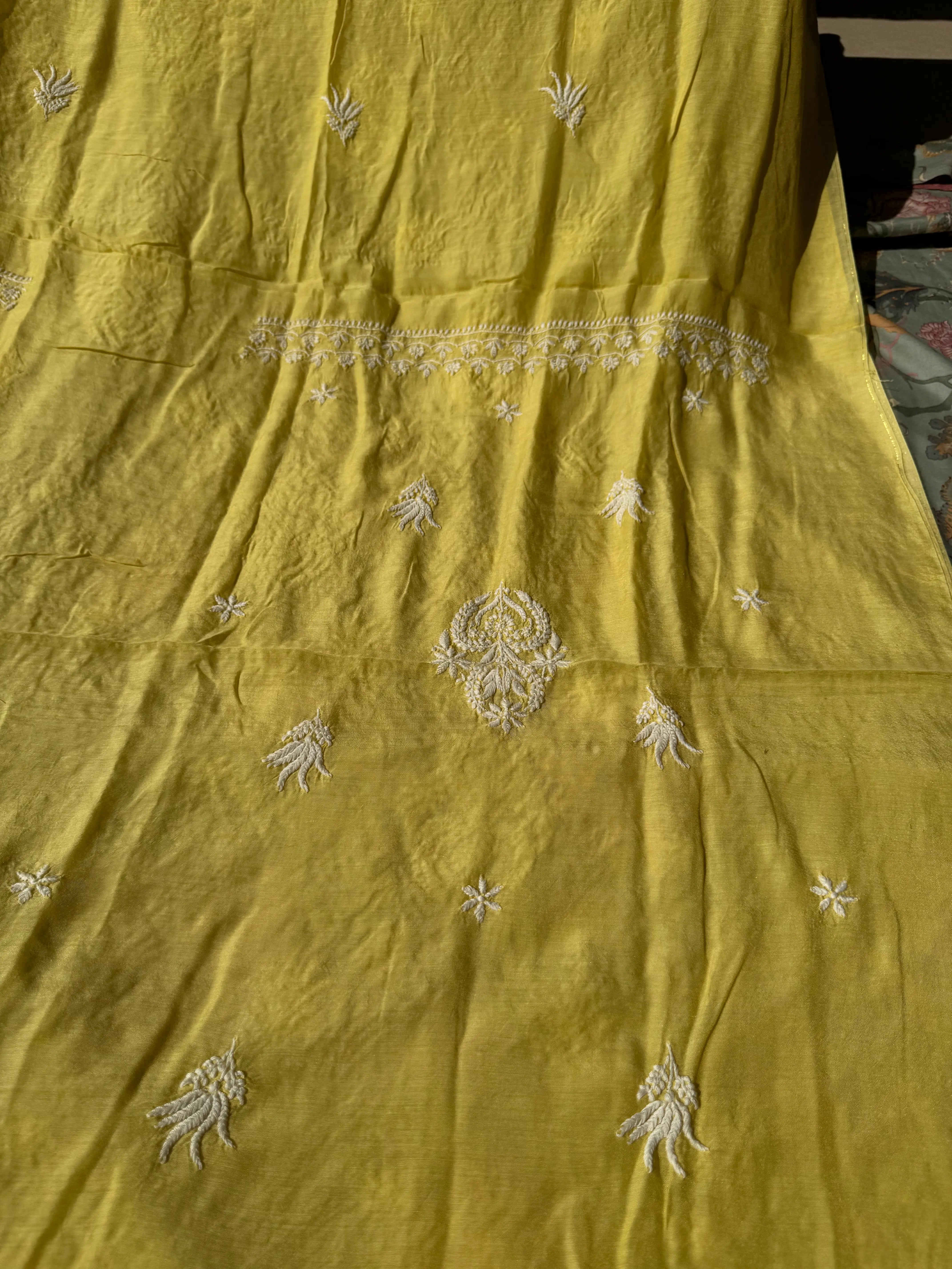 Pure Muslin kurti Length unstitched - Yellow ARIAA CHIKANKARI 