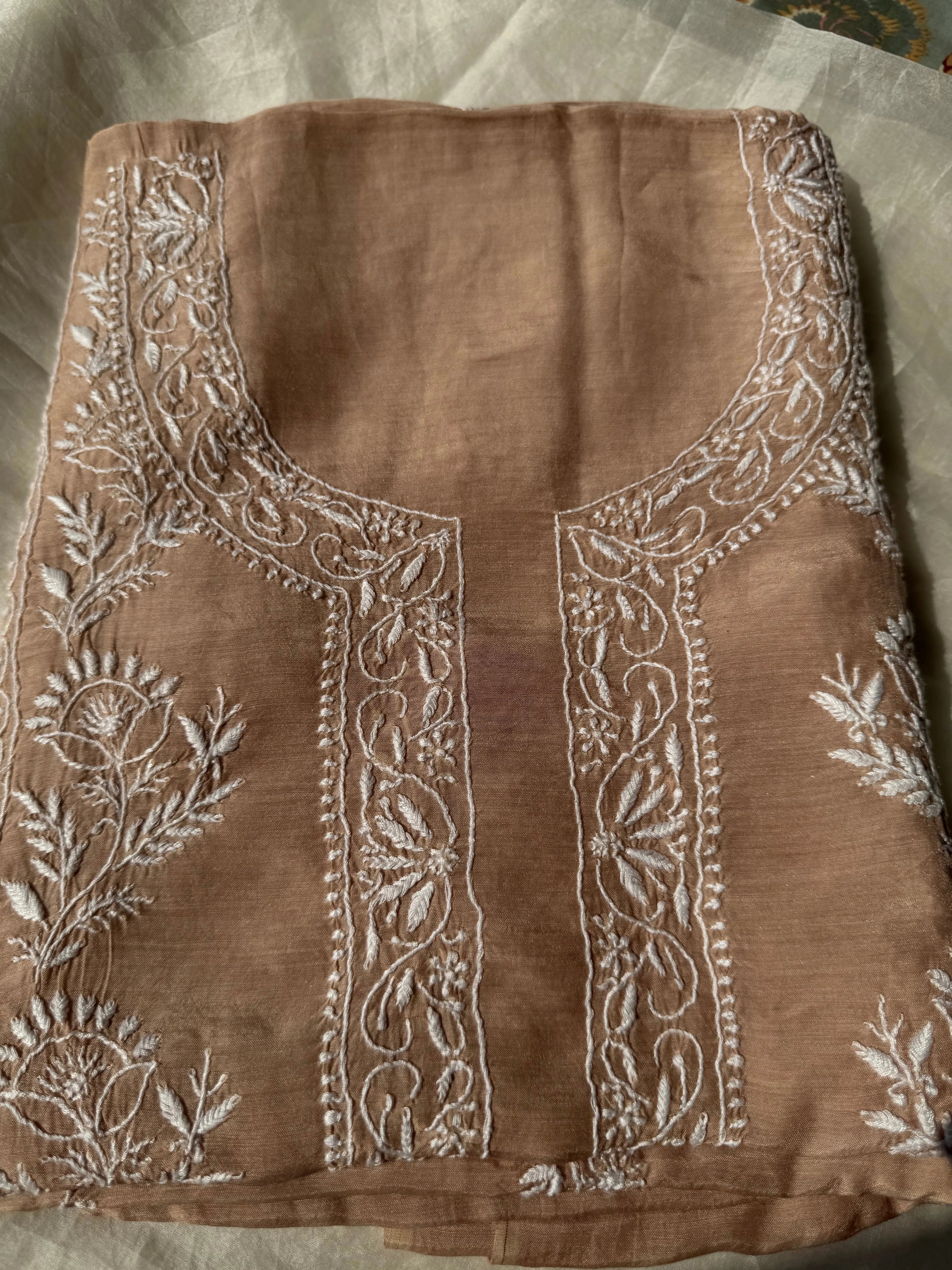 Pure Muslin kurti Length unstitched - Beige Brown ARIAA CHIKANKARI 