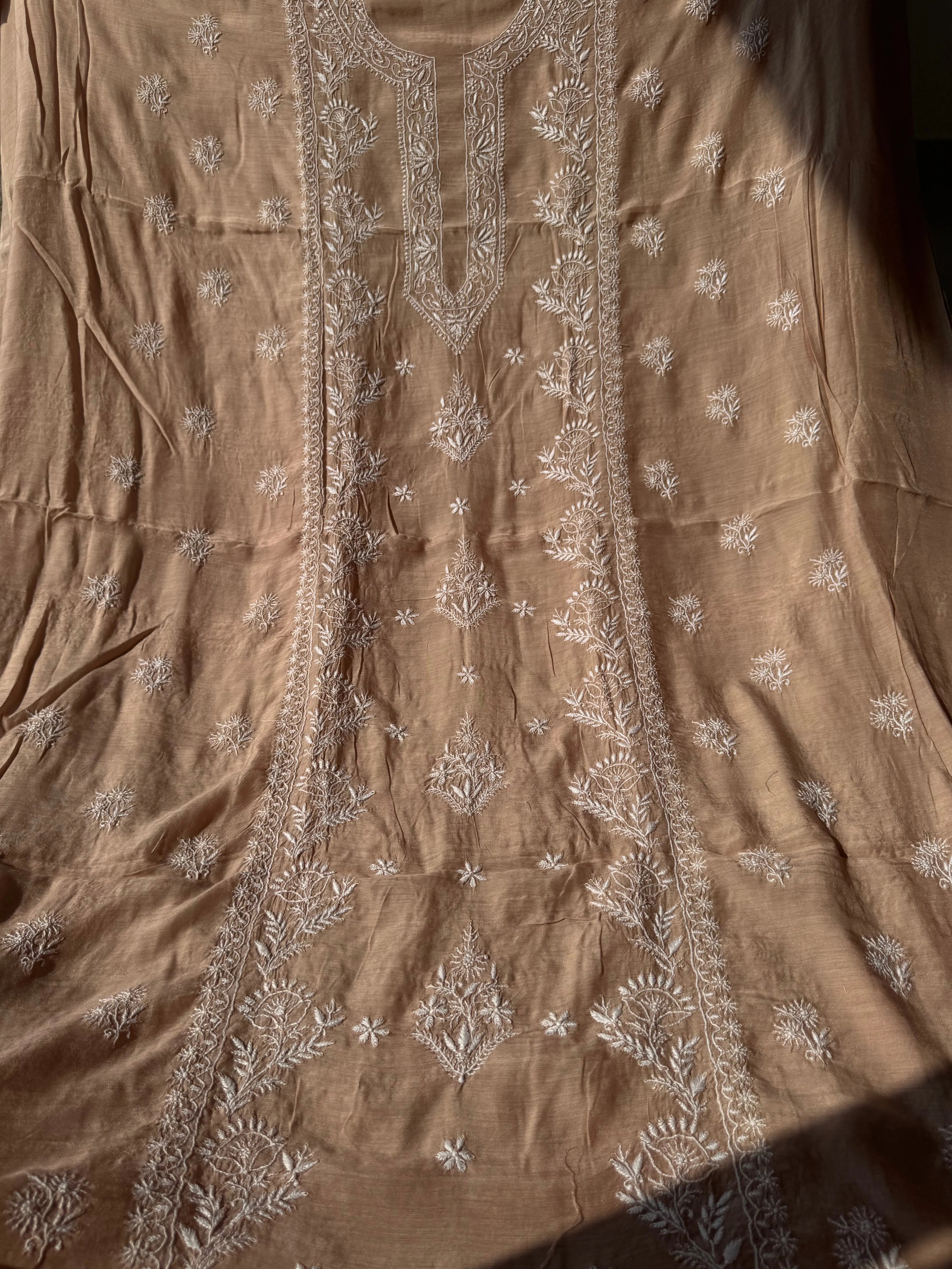 Pure Muslin kurti Length unstitched - Beige Brown ARIAA CHIKANKARI 