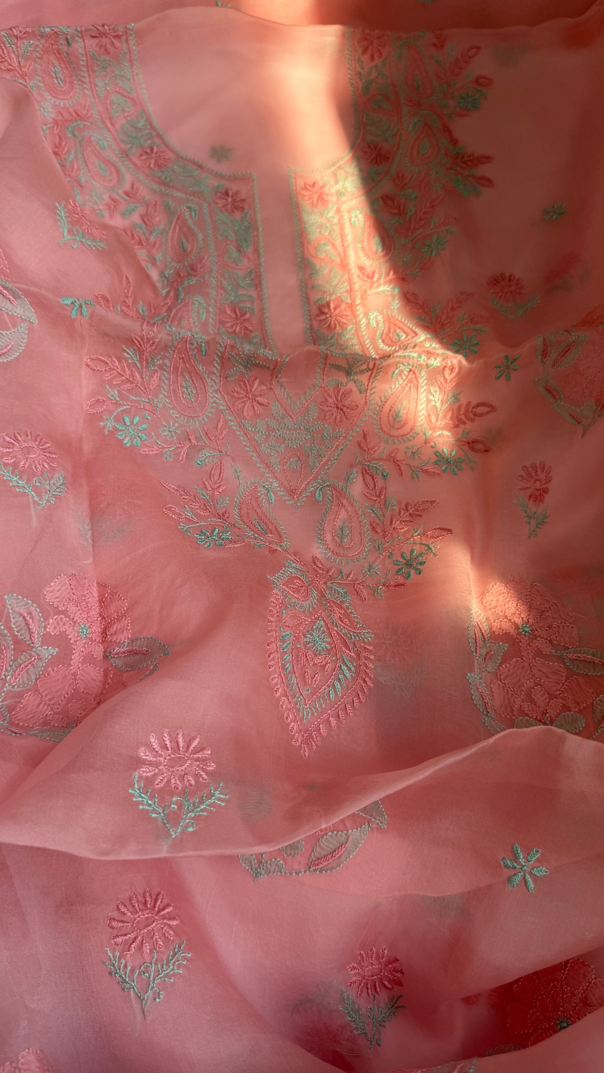 Pure Organza Lucknow Chikankari Unstitched Suit Set - pink