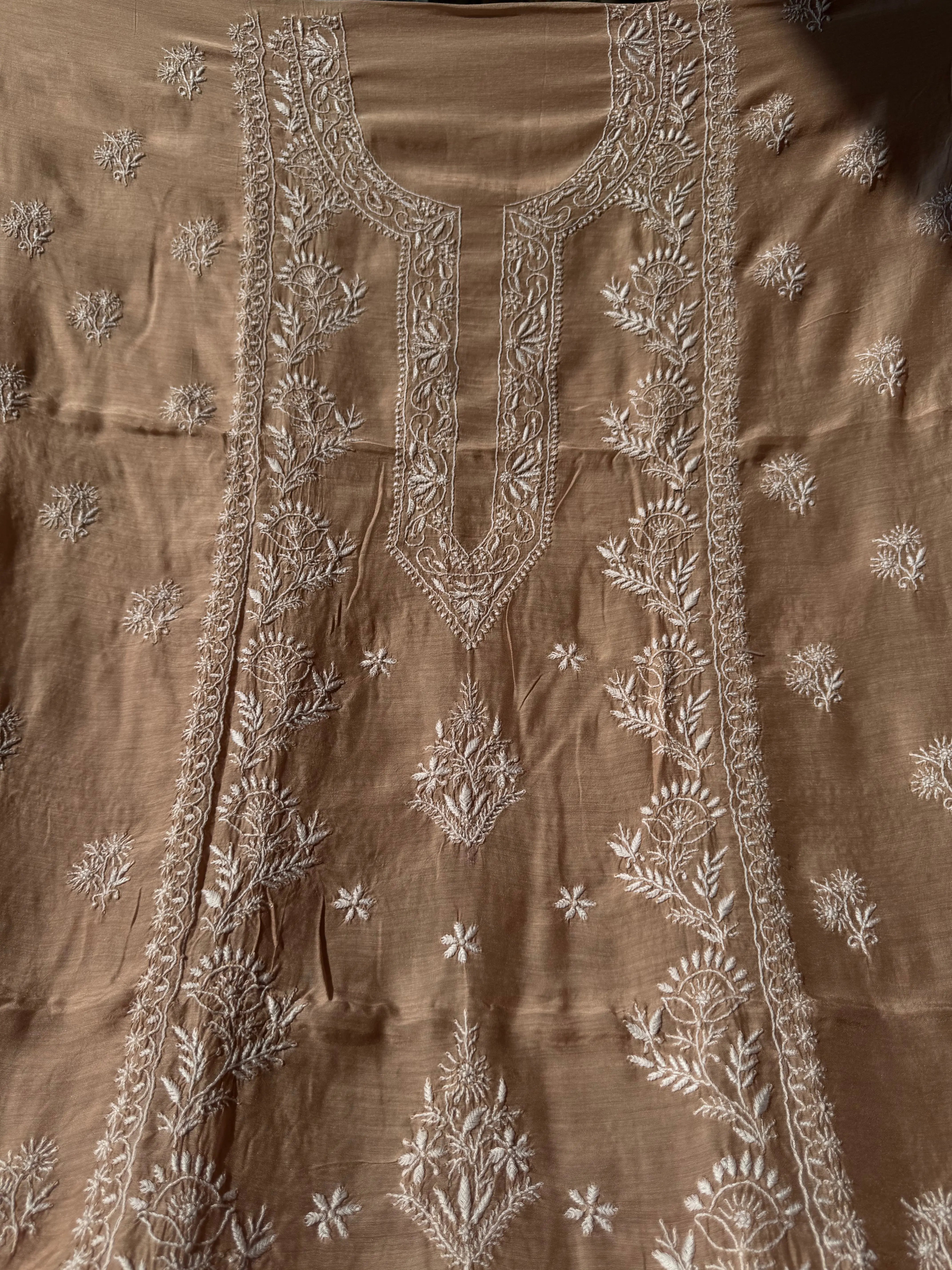 Pure Muslin kurti Length unstitched - Beige Brown ARIAA CHIKANKARI 