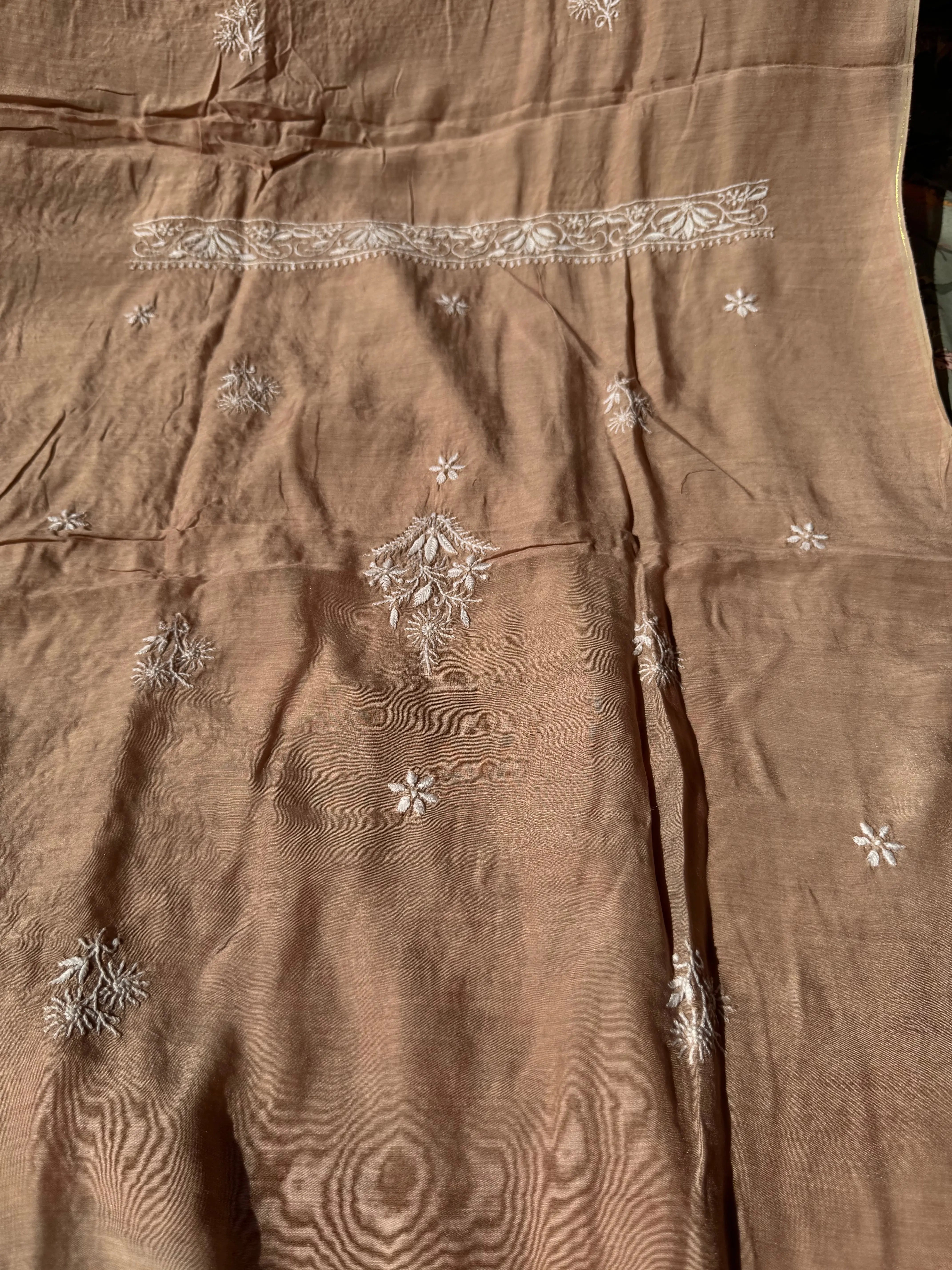 Pure Muslin kurti Length unstitched - Beige Brown ARIAA CHIKANKARI 