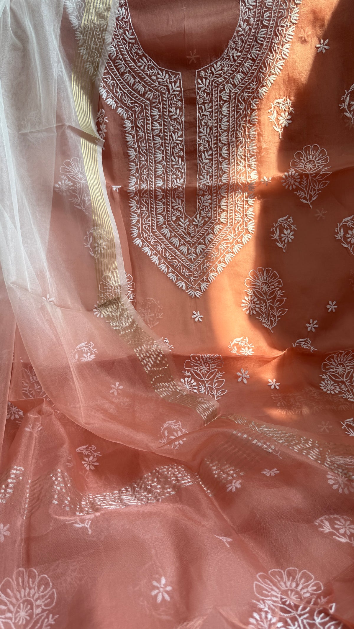 Pure Organza Lucknow Chikankari Unstitched Suit Set - Rosewood