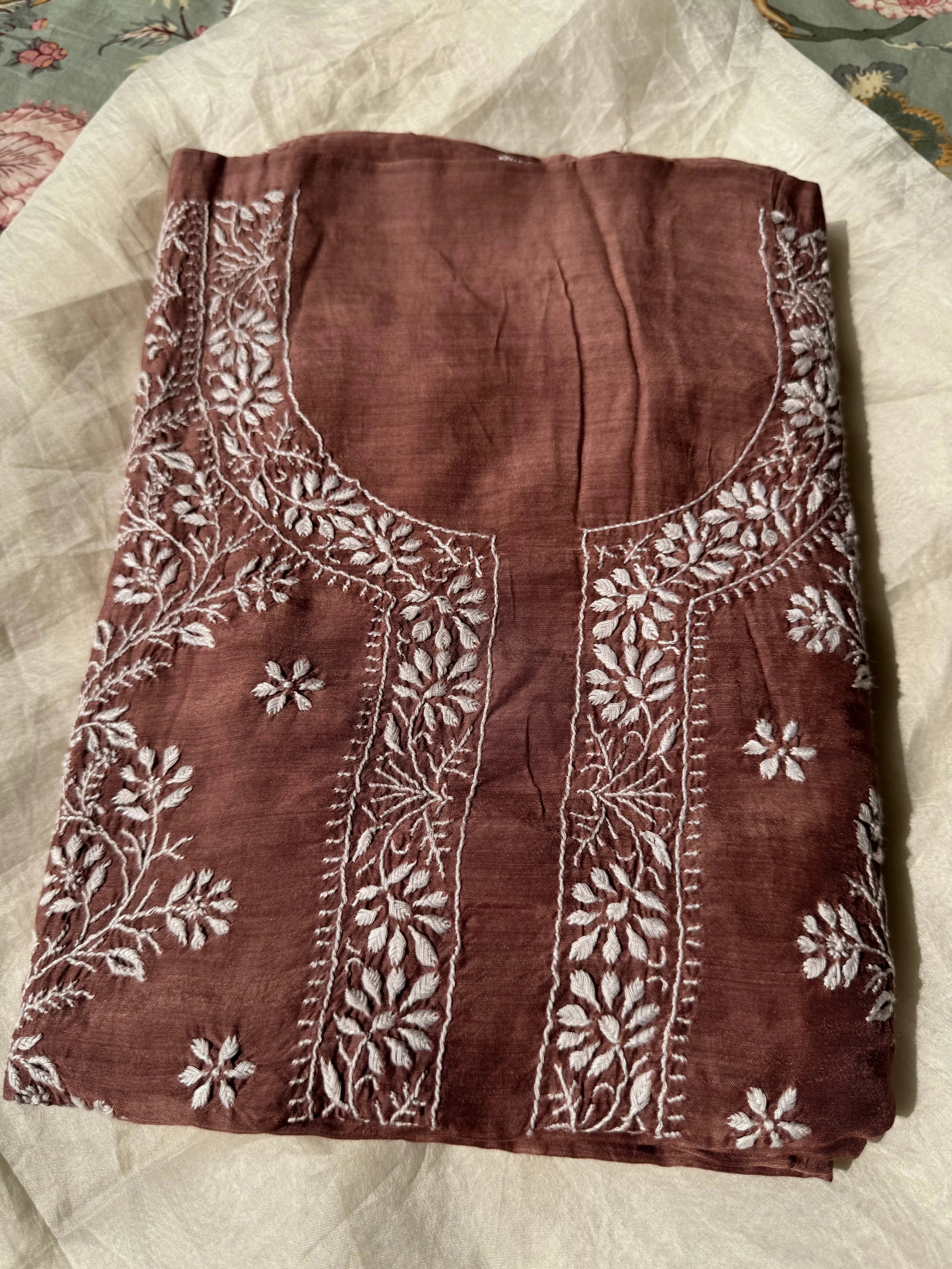 Pure Muslin kurti Length unstitched - Brown Mauve ARIAA CHIKANKARI 