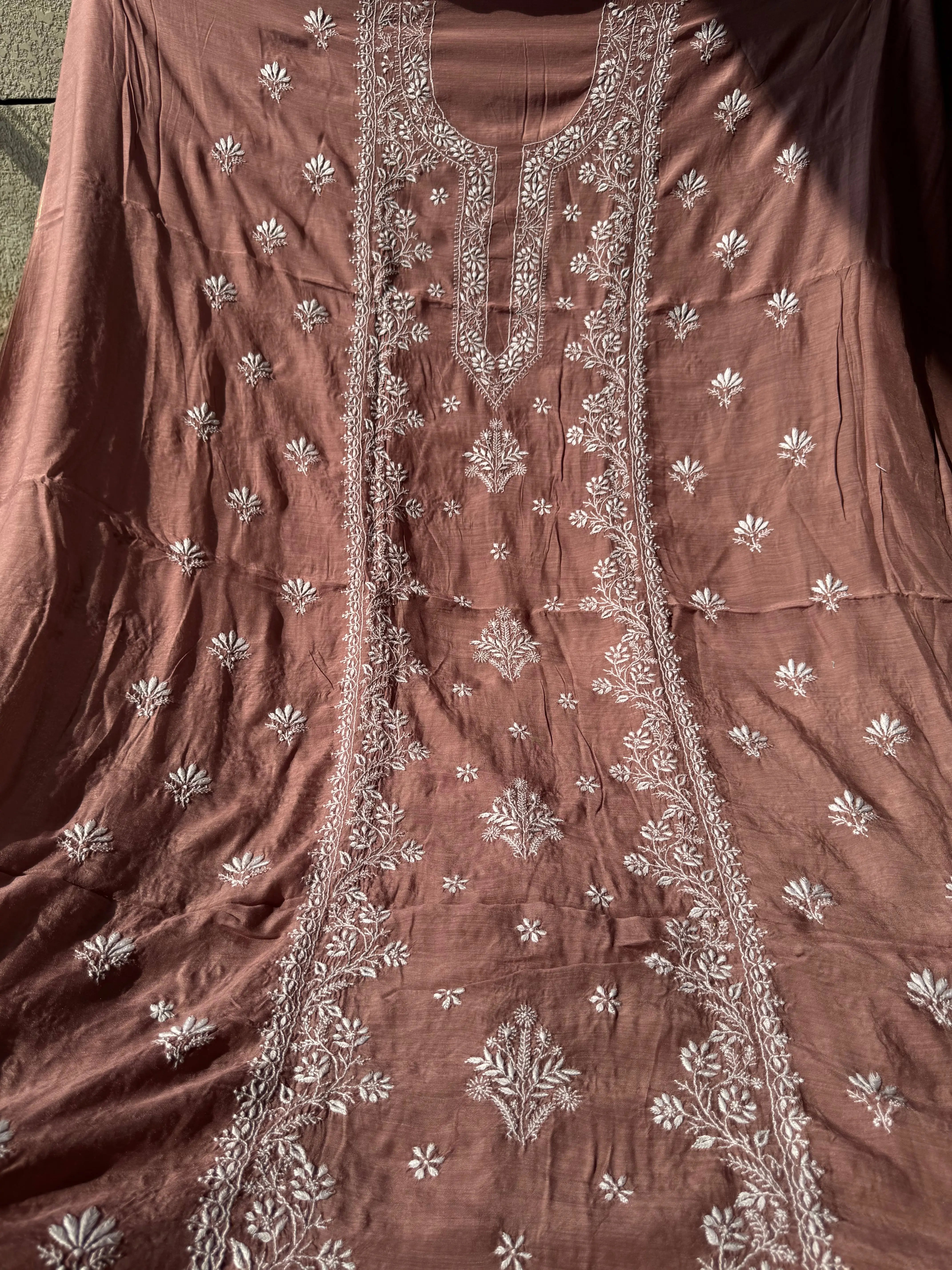 Pure Muslin kurti Length unstitched - Brown Mauve ARIAA CHIKANKARI 