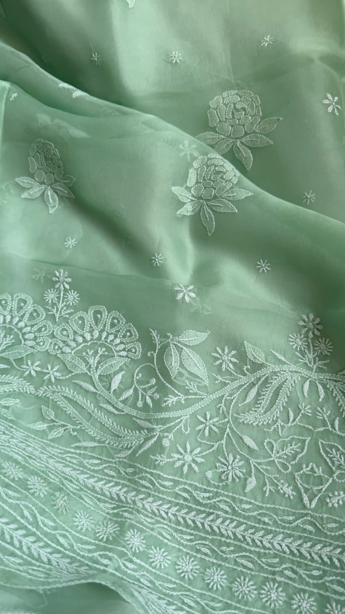 Pure Organza Lucknow Chikankari Unstitched Suit Set - Green