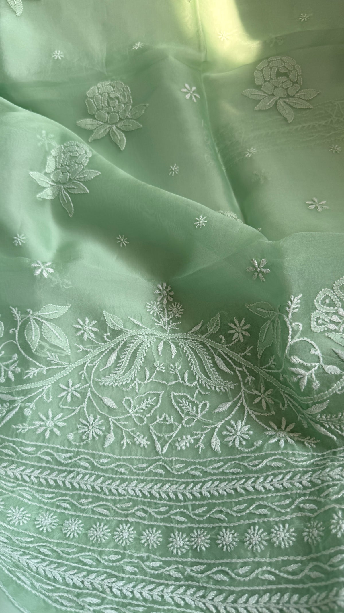 Pure Organza Lucknow Chikankari Unstitched Suit Set - Green
