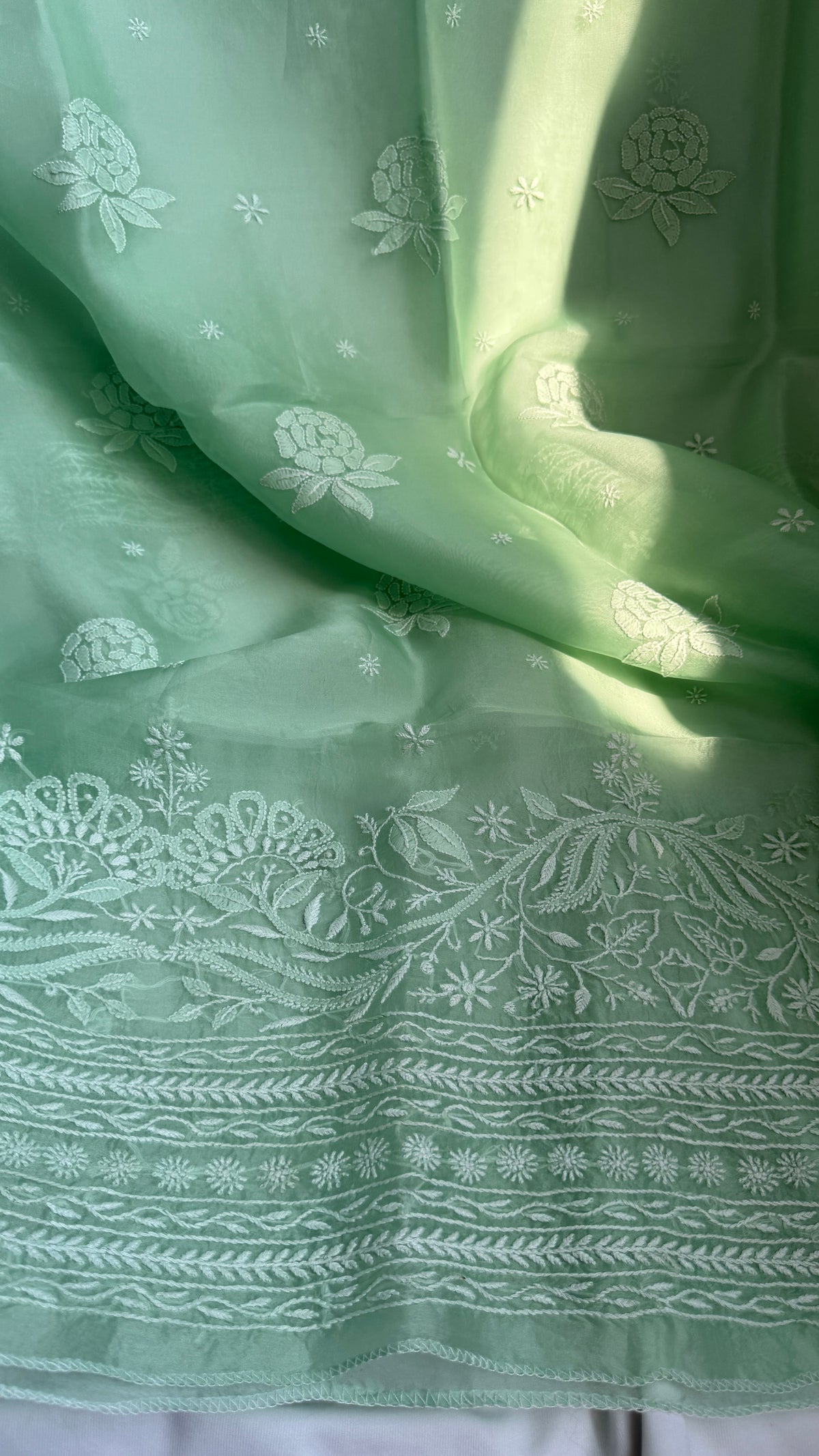Pure Organza Lucknow Chikankari Unstitched Suit Set - Green