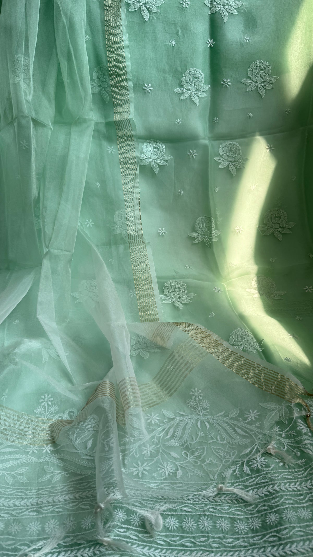 Pure Organza Lucknow Chikankari Unstitched Suit Set - Green