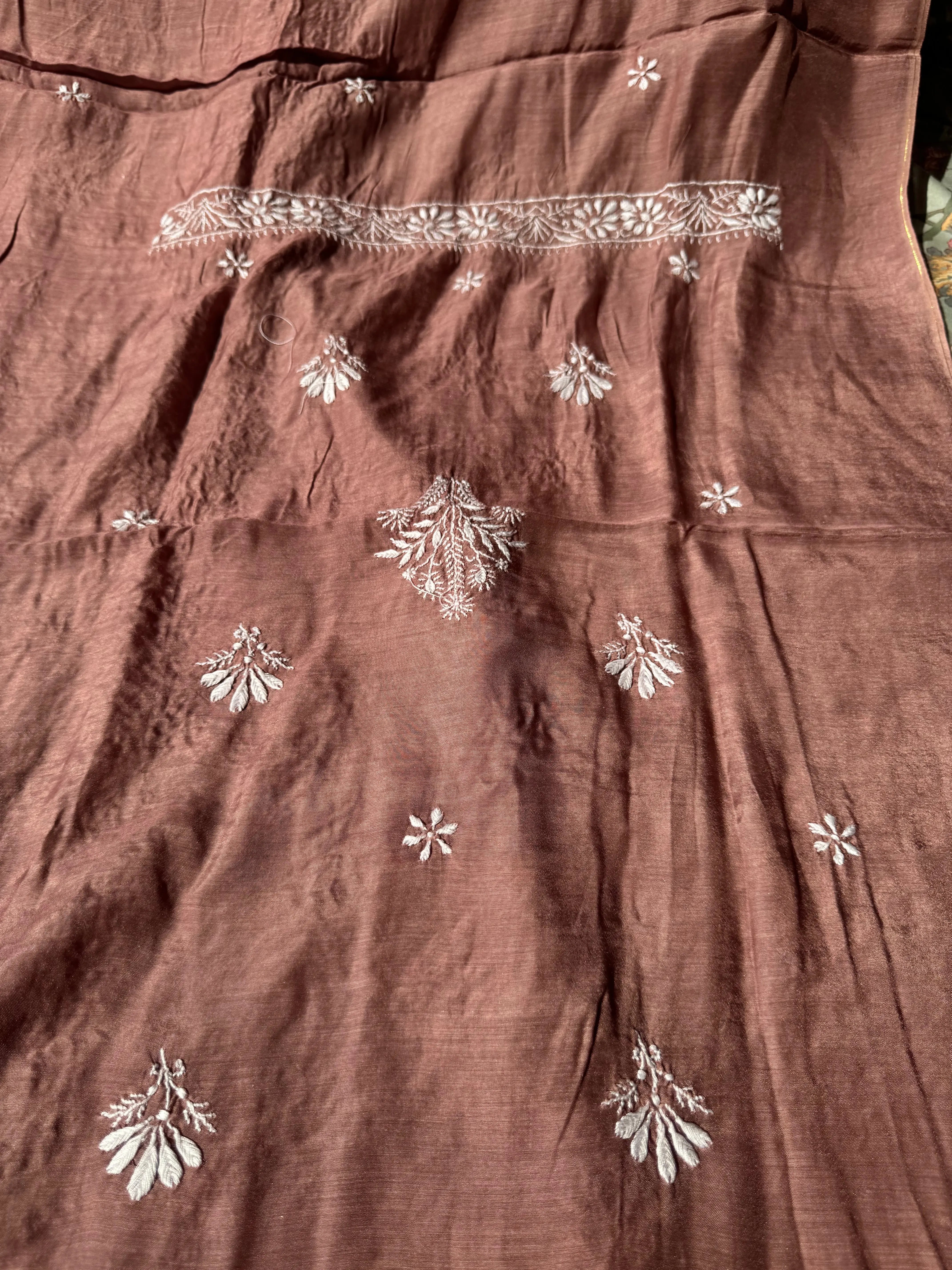 Pure Muslin kurti Length unstitched - Brown Mauve ARIAA CHIKANKARI 