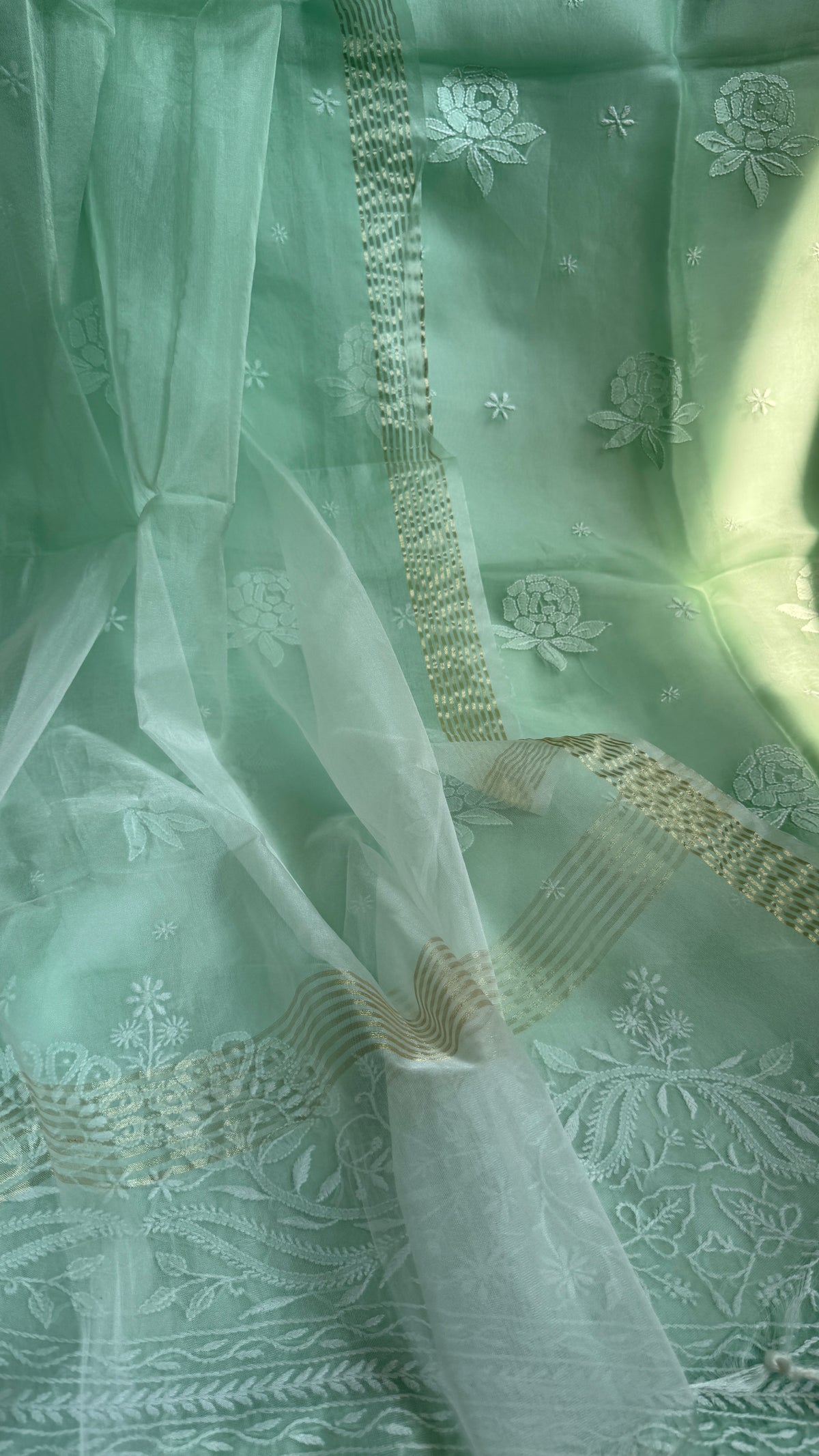 Pure Organza Lucknow Chikankari Unstitched Suit Set - Green