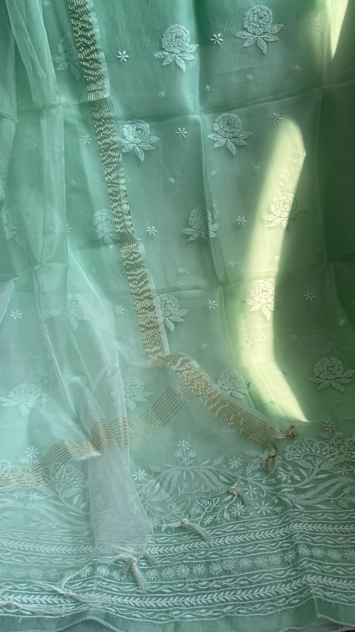 Pure Organza Lucknow Chikankari Unstitched Suit Set - Green