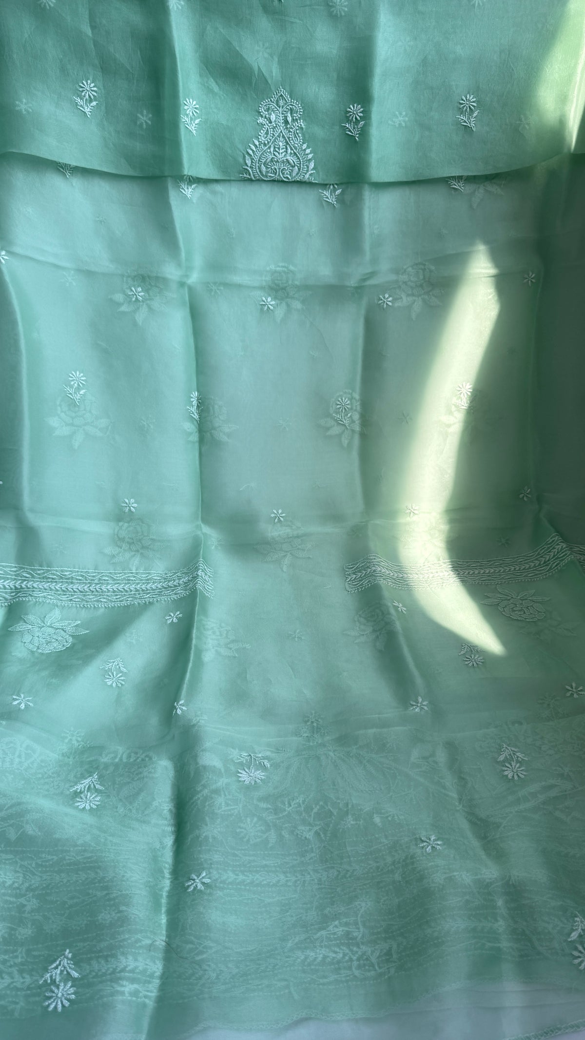 Pure Organza Lucknow Chikankari Unstitched Suit Set - Green