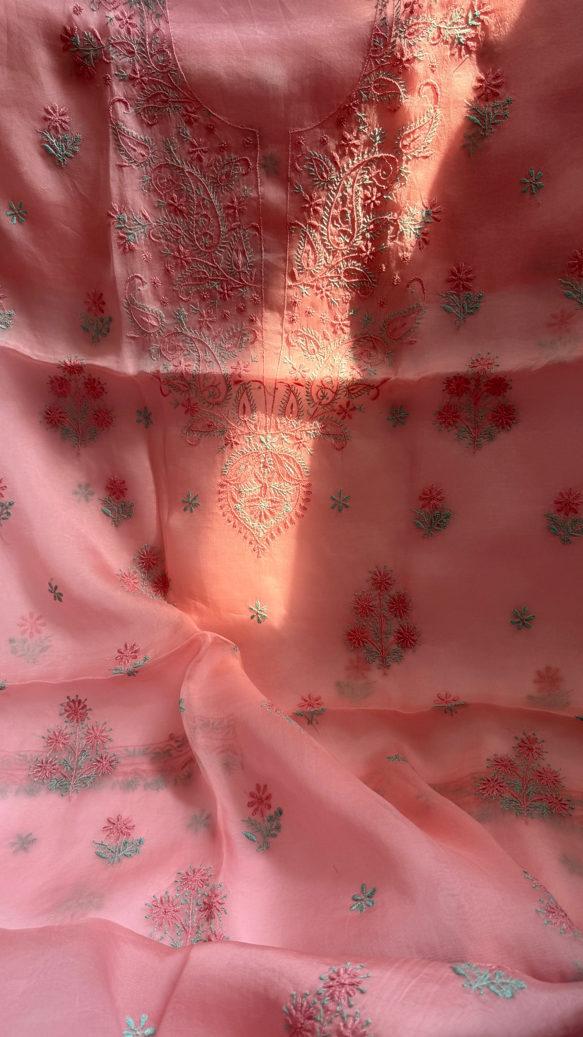 Pure Organza Lucknow Chikankari Unstitched Suit Set - pink