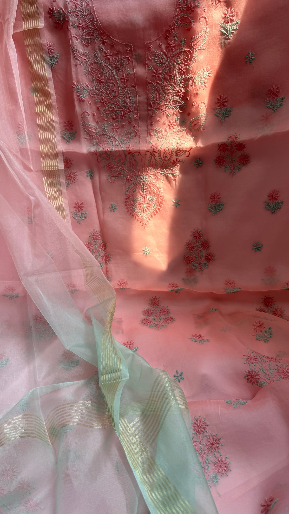 Pure Organza Lucknow Chikankari Unstitched Suit Set - pink