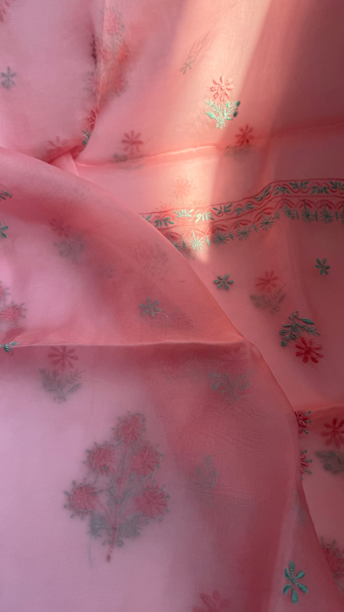 Pure Organza Lucknow Chikankari Unstitched Suit Set - pink