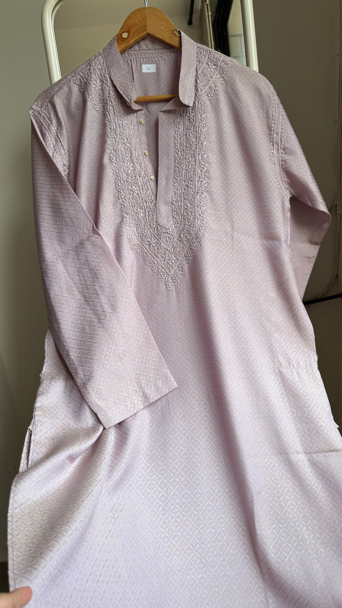 Textured Cotton Chikankari Kurta -Mauve  - Men's Collection