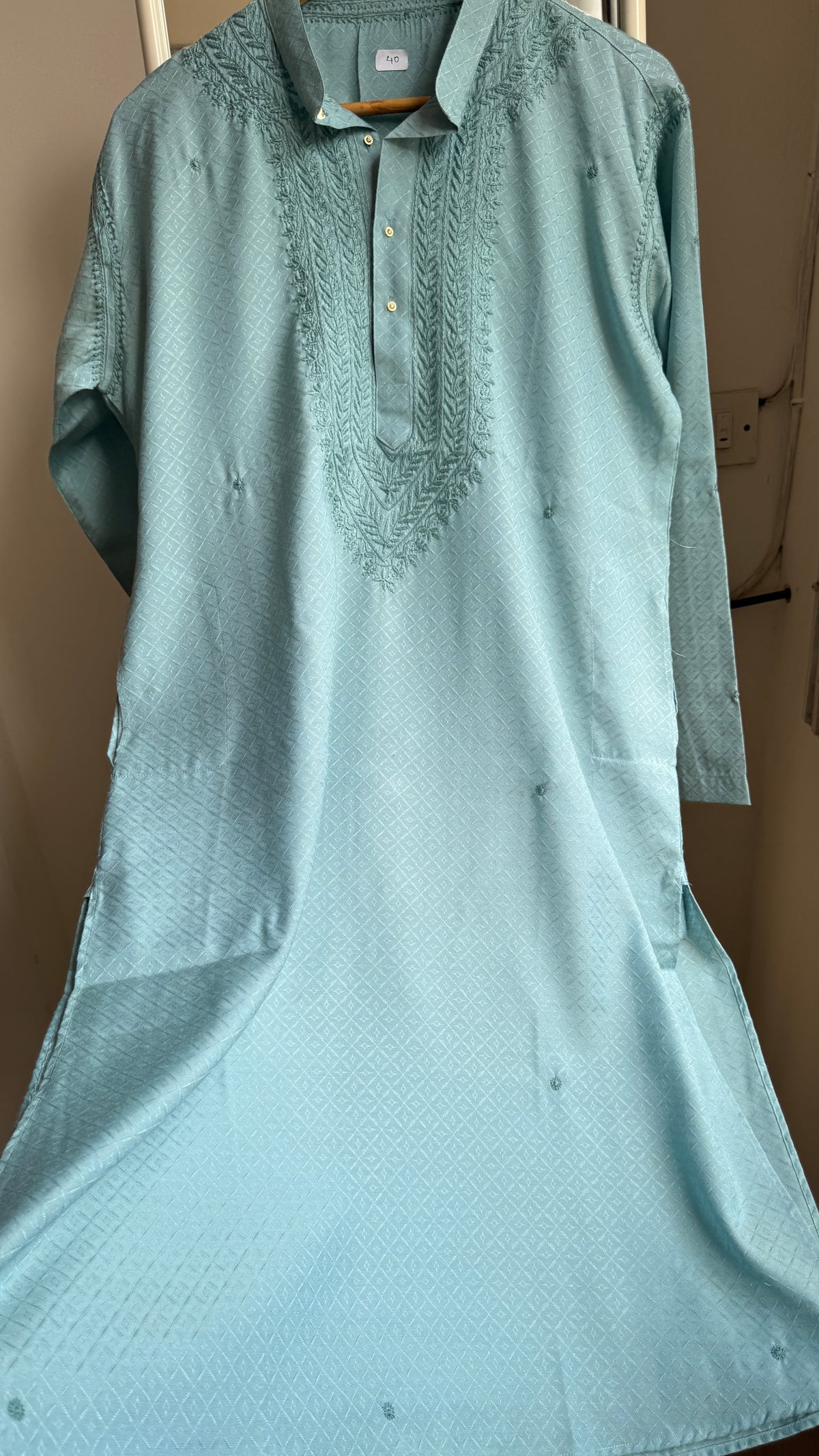Textured Cotton Chikankari Kurta -Turquoise  - Men's Collection