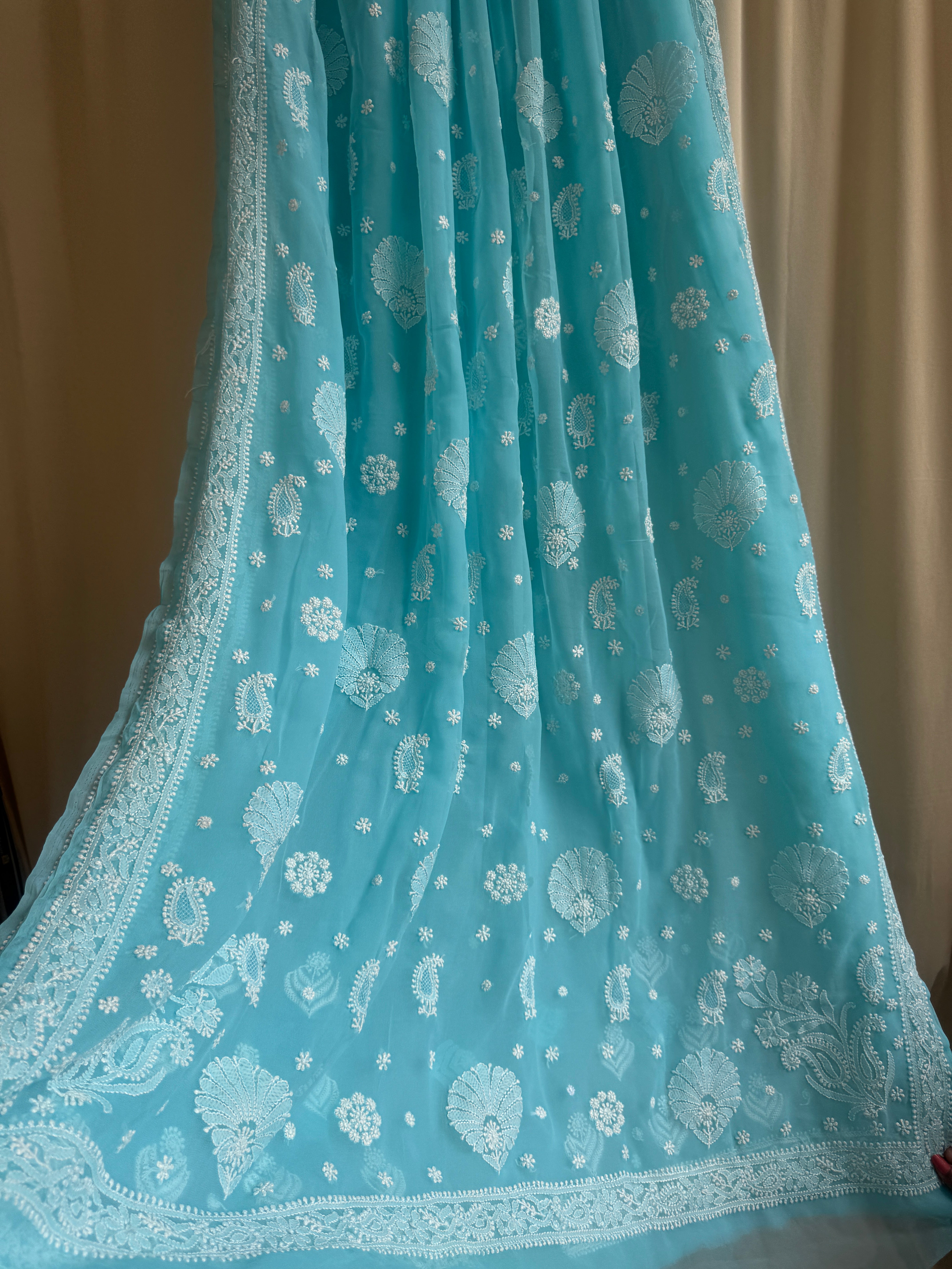 Georgette Chikankari saree in Firozi